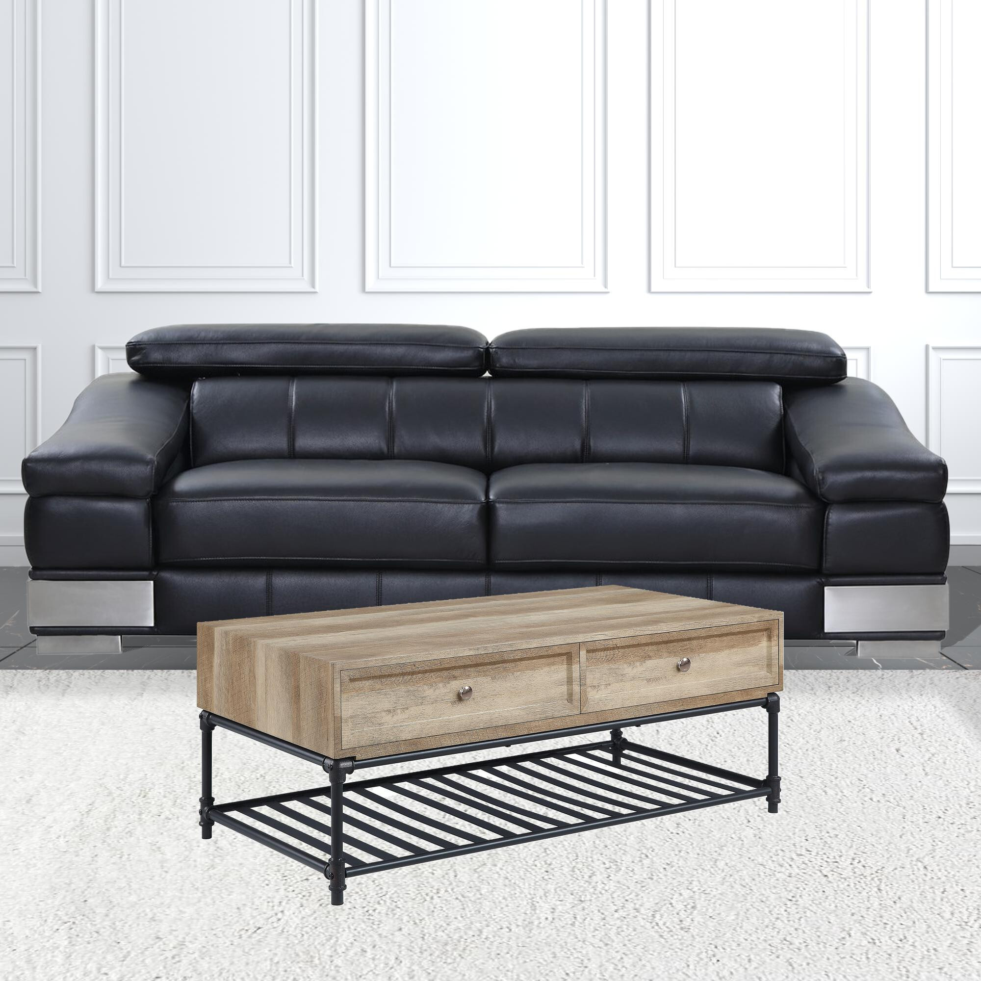 47 Sandy Black And Oak Paper Veneer And Metal Rectangular Coffee Table With Two Drawers And Shelf