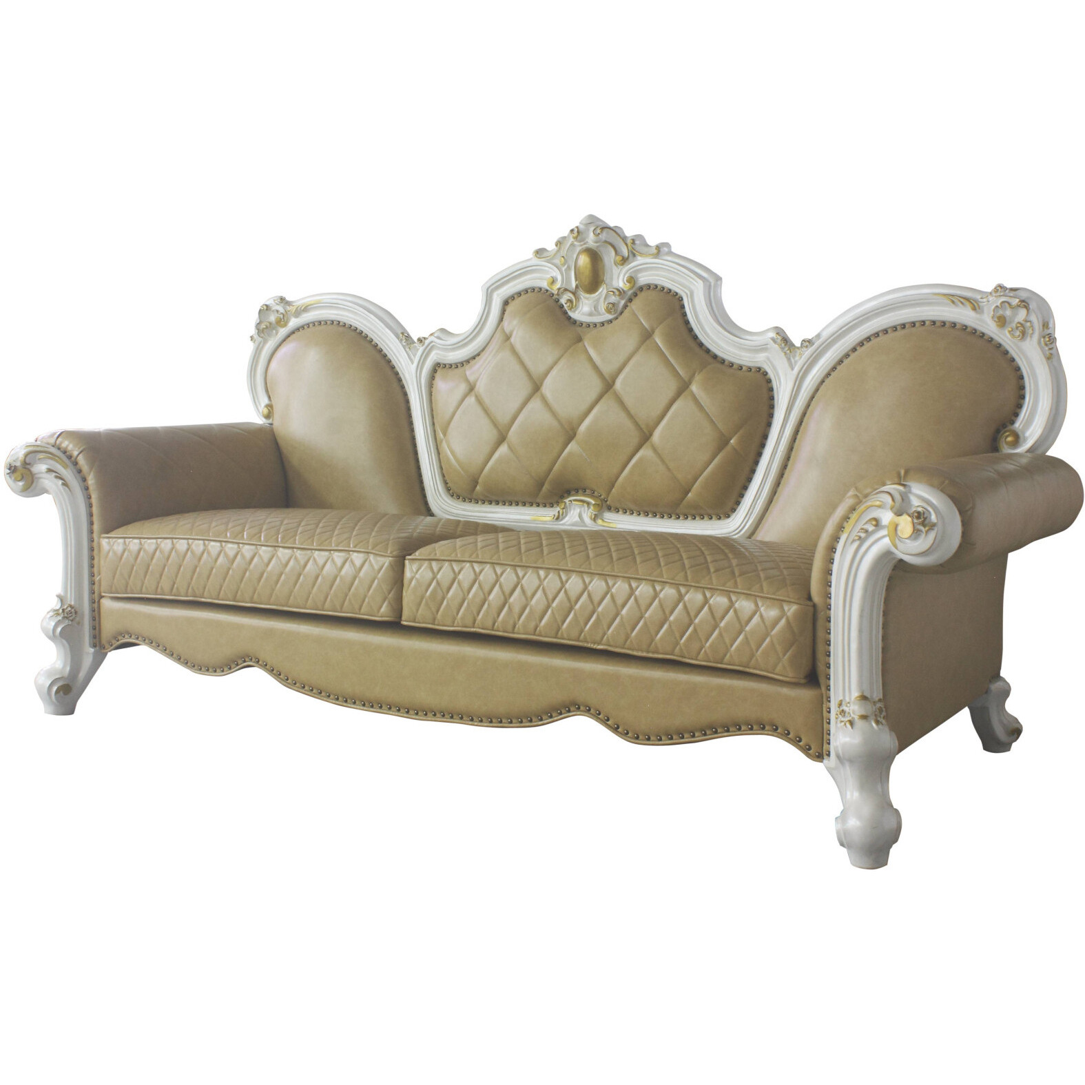 93 Butterscotch Faux Leather And Pearl Sofa With Five Toss Pillows