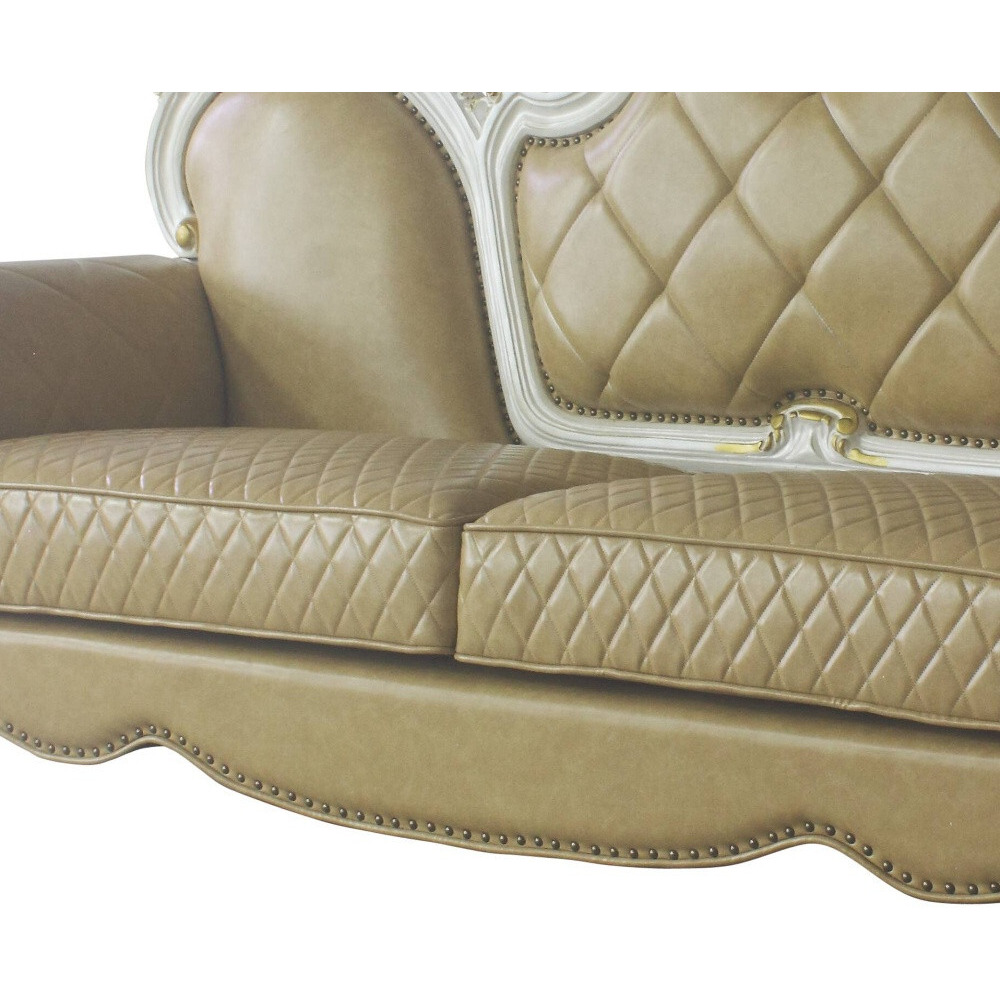 93 Butterscotch Faux Leather And Pearl Sofa With Five Toss Pillows
