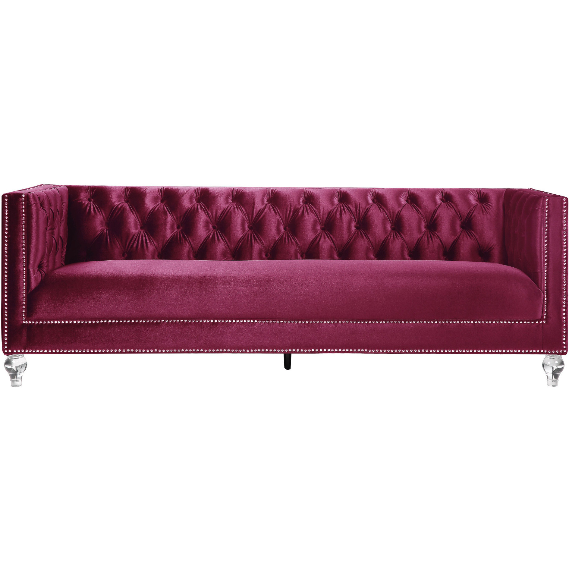 89 Burgundy Velvet And Black Sofa With Two Toss Pillows