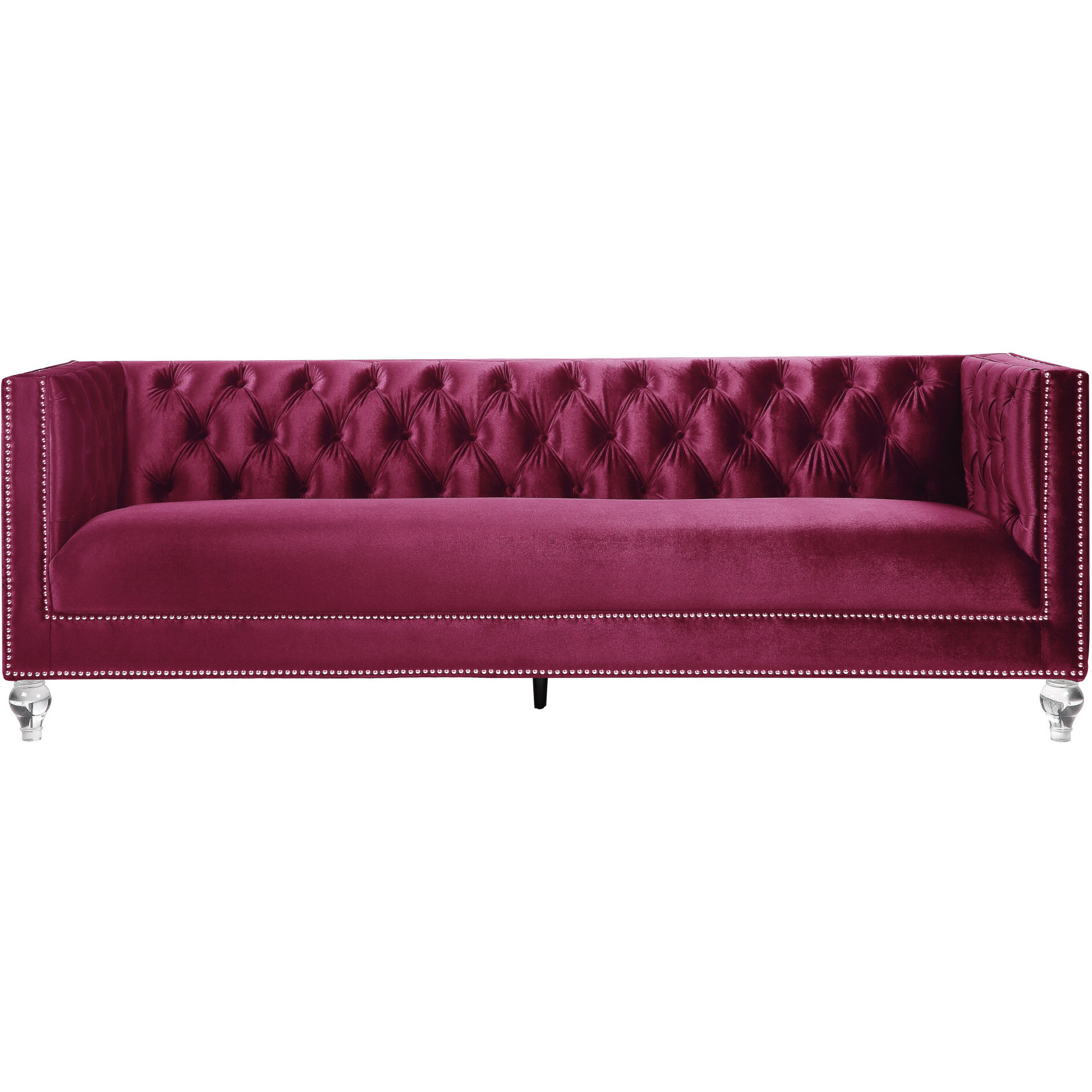 89 Burgundy Velvet And Black Sofa With Two Toss Pillows