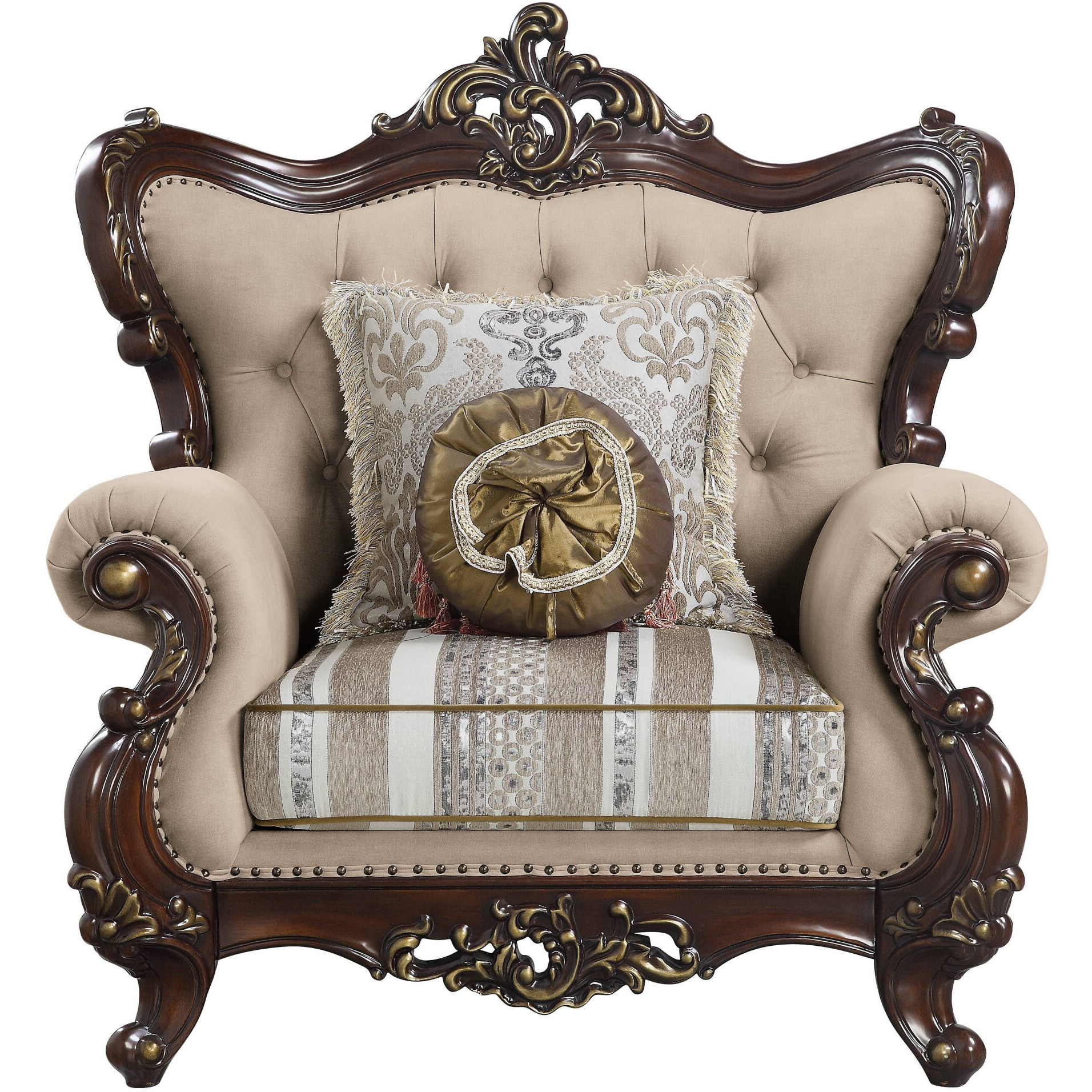 48 Light Brown Linen And Cherry Floral Arm Chair
