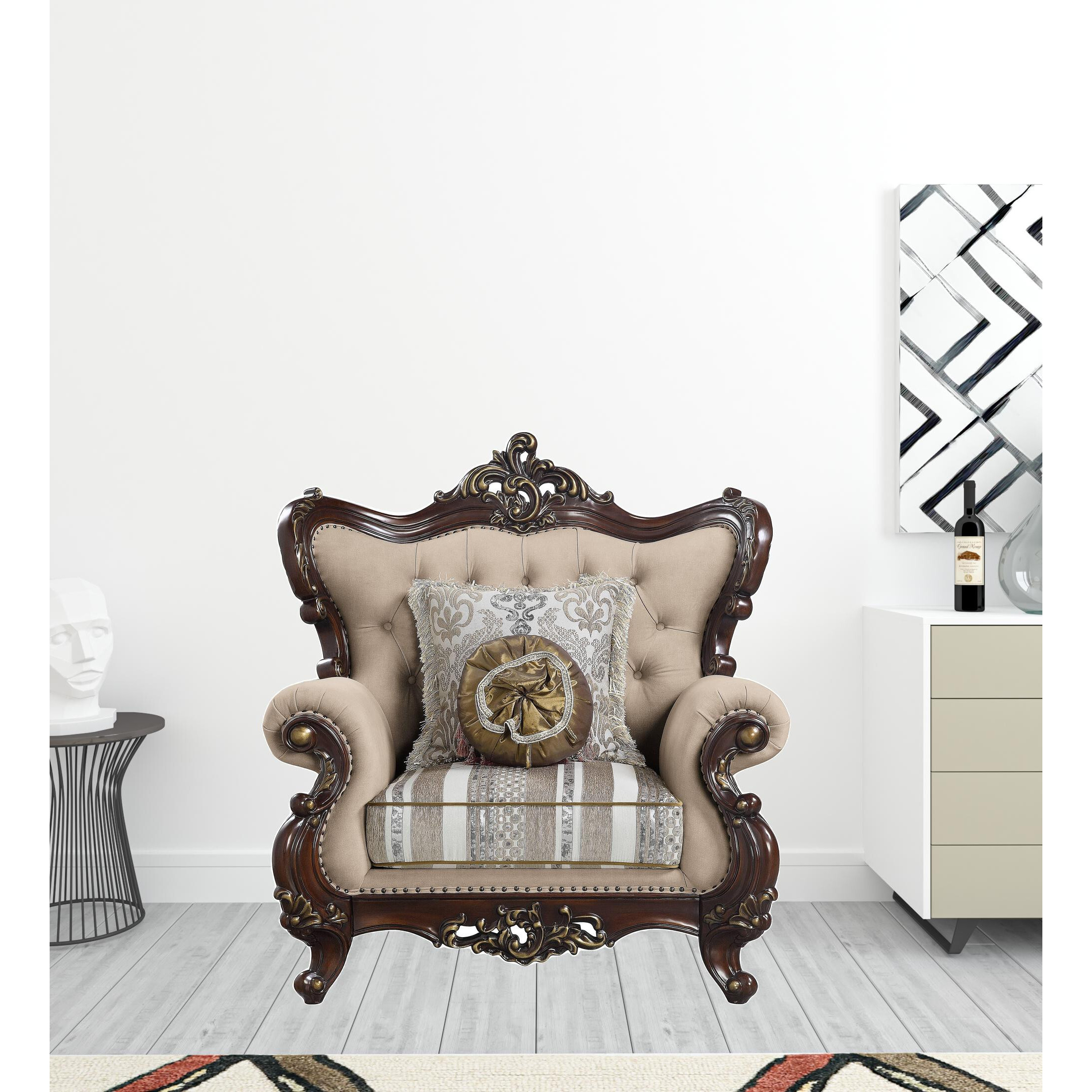 48 Light Brown Linen And Cherry Floral Arm Chair
