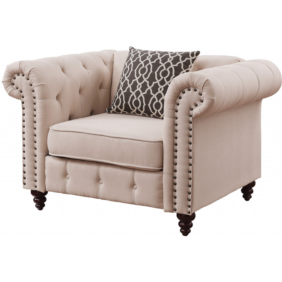 45 Beige Linen And Black Tufted Chesterfield Chair