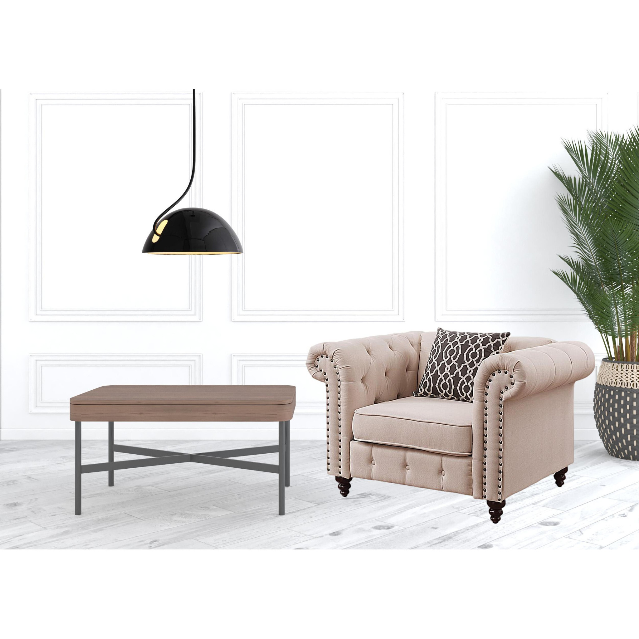 45 Beige Linen And Black Tufted Chesterfield Chair