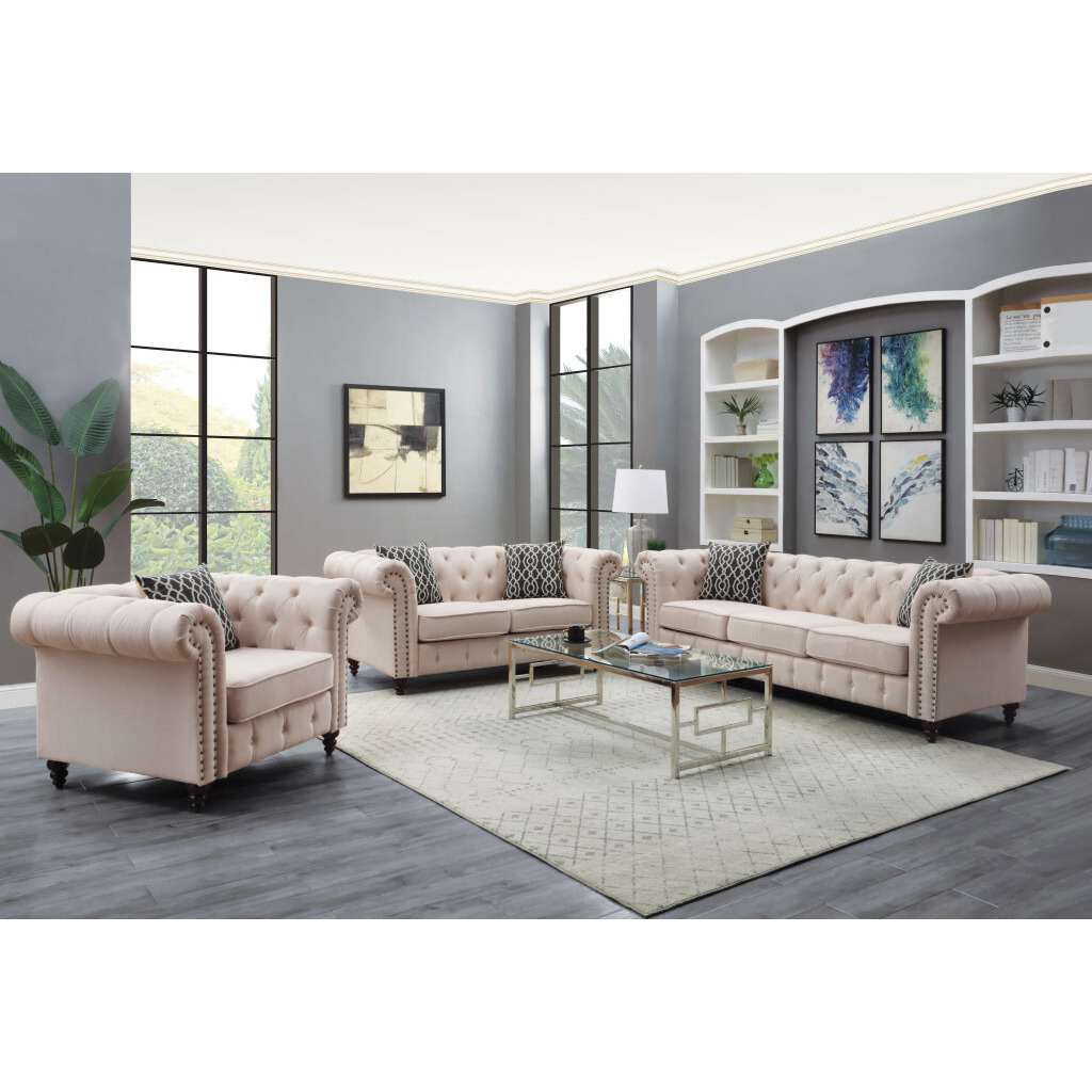 45 Beige Linen And Black Tufted Chesterfield Chair
