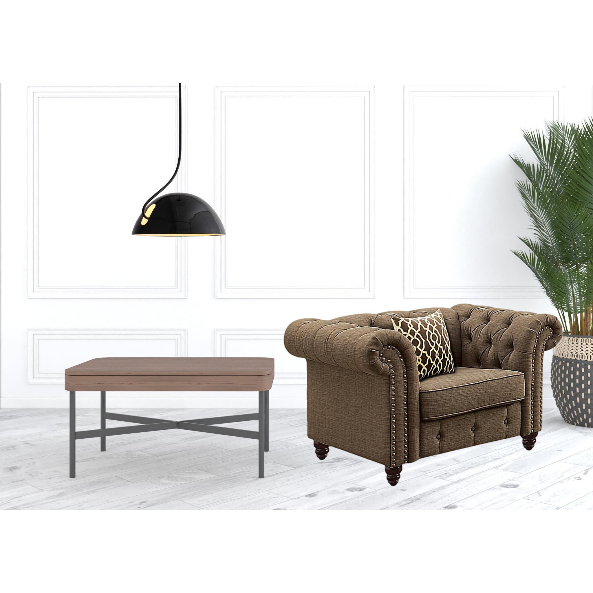 45 Brown Linen And Black Tufted Chesterfield Chair