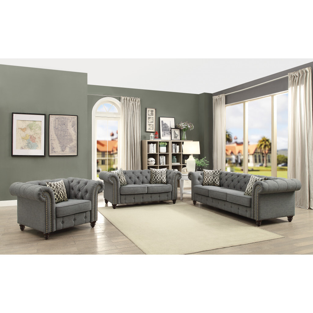 45 Brown Linen And Black Tufted Chesterfield Chair