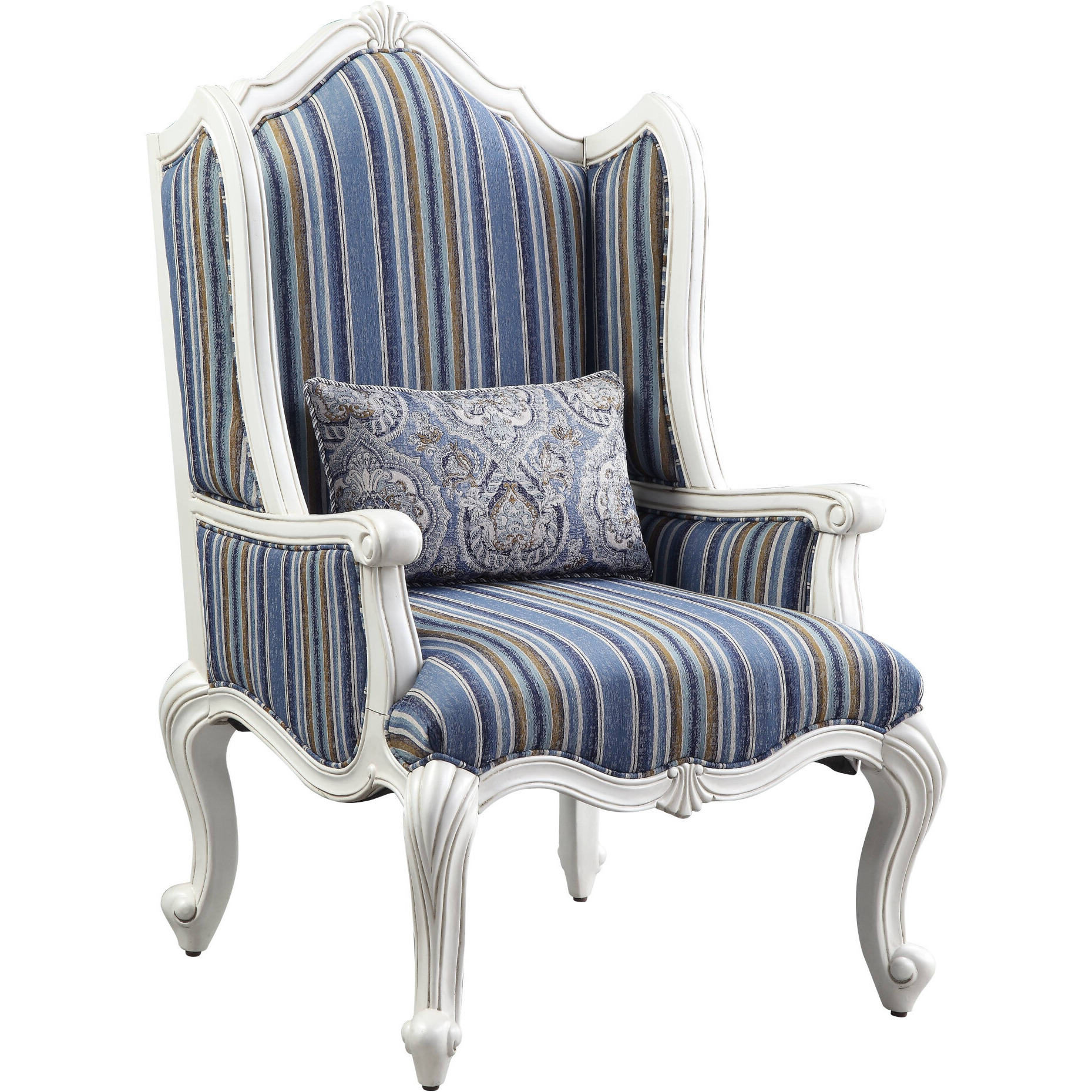 31 Blue White And Brown Fabric And White Striped Wingback Chair