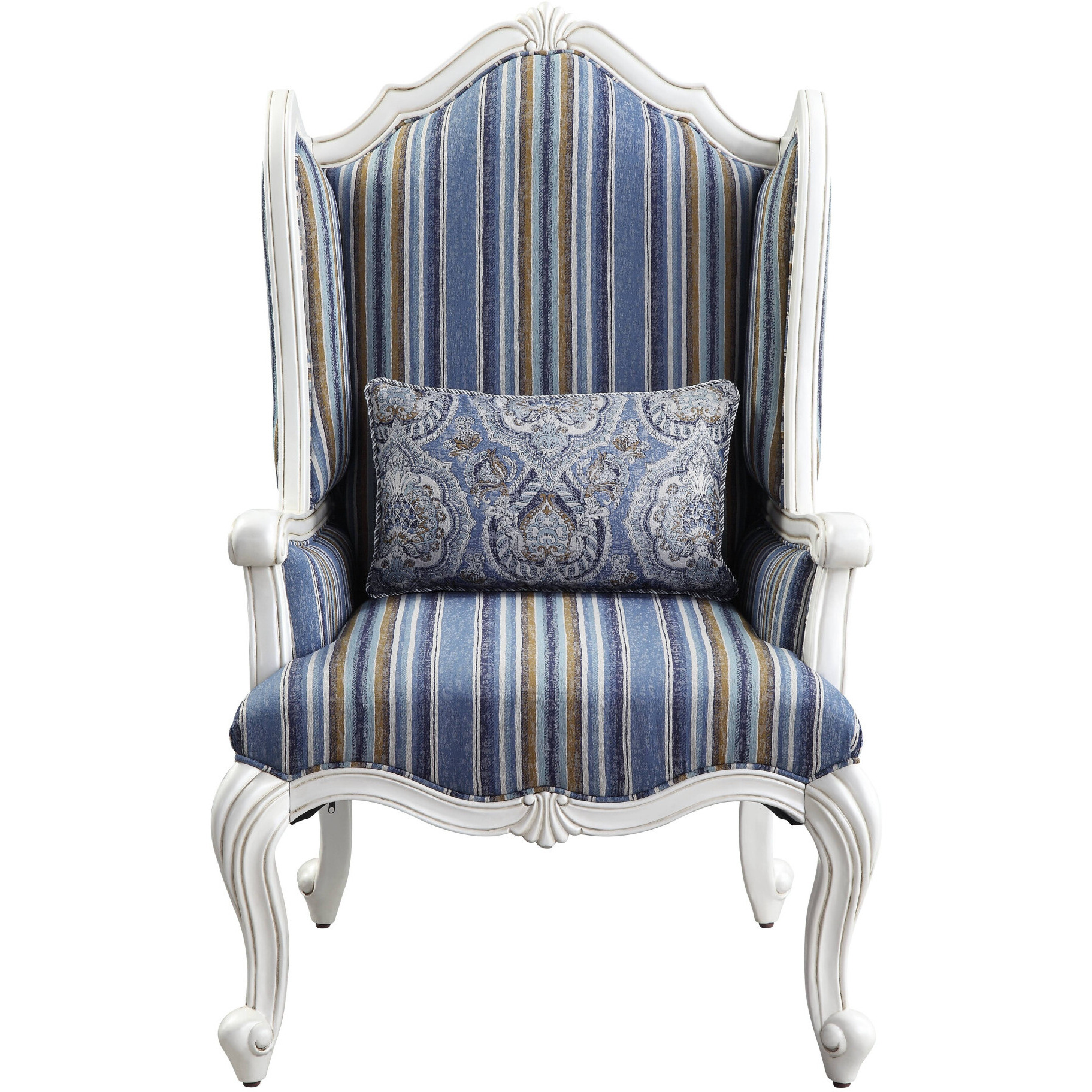 31 Blue White And Brown Fabric And White Striped Wingback Chair