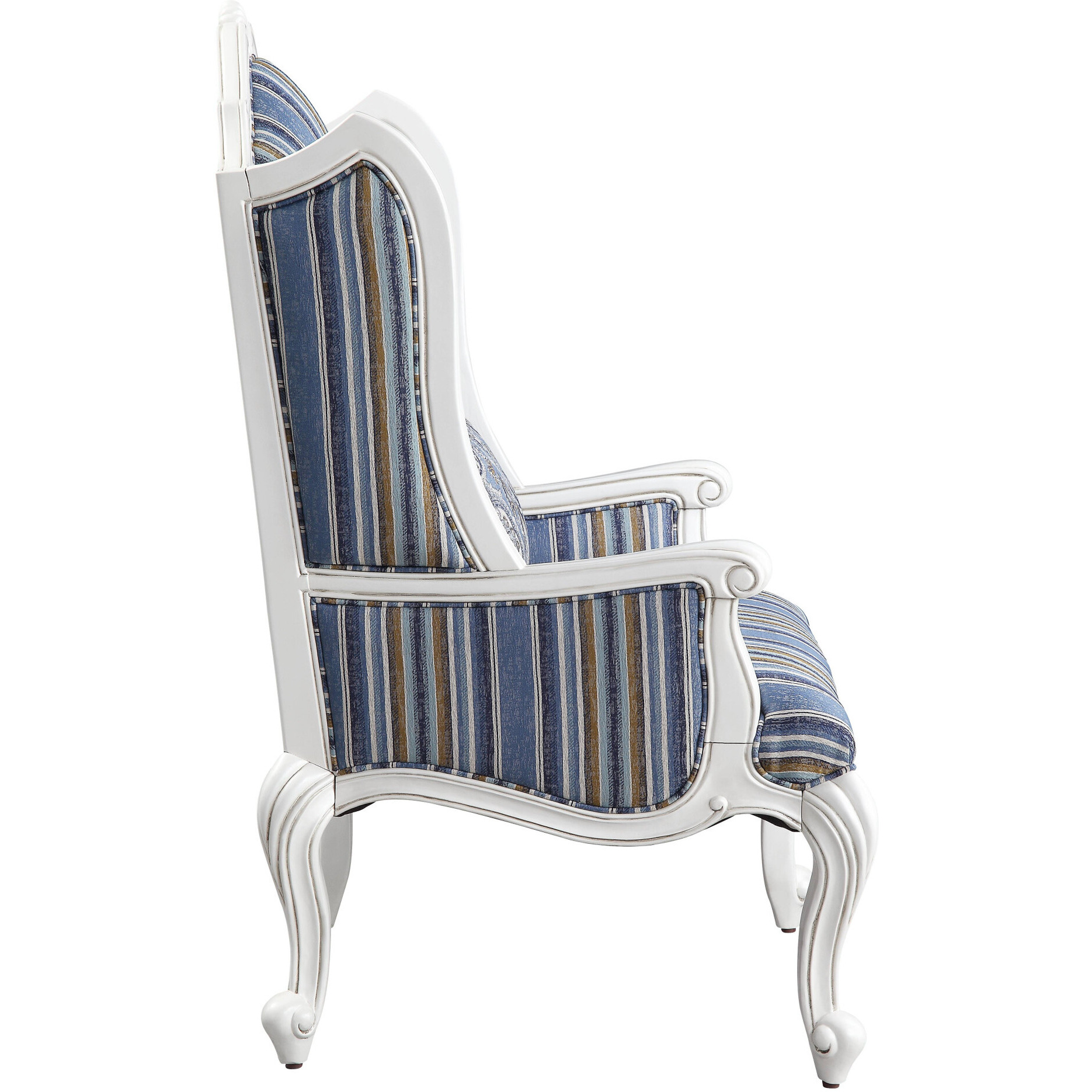 31 Blue White And Brown Fabric And White Striped Wingback Chair