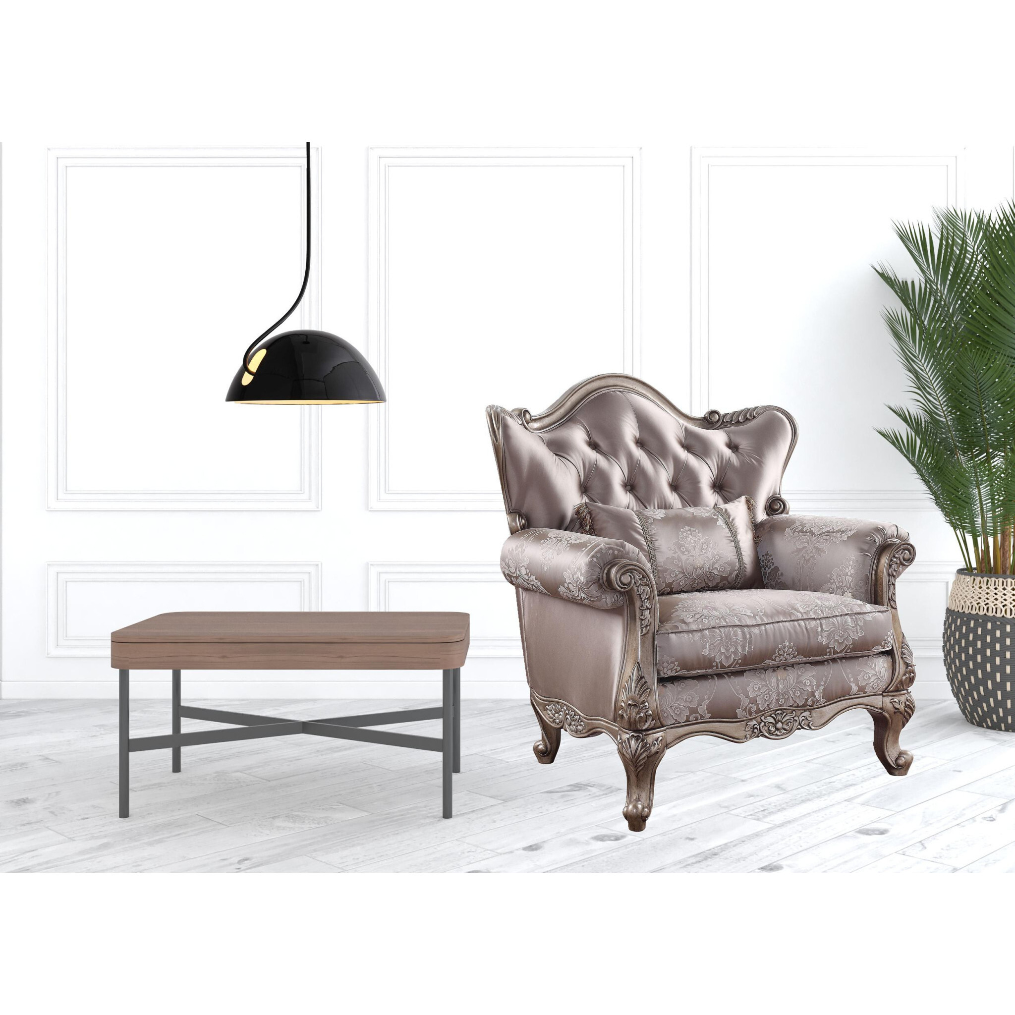 45 Champagne Fabric Floral Tufted Arm Chair