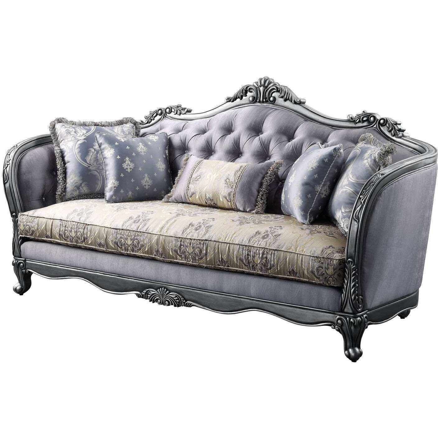 89 Fabric Imitation Silk And Platinum Sofa With Five Toss Pillows