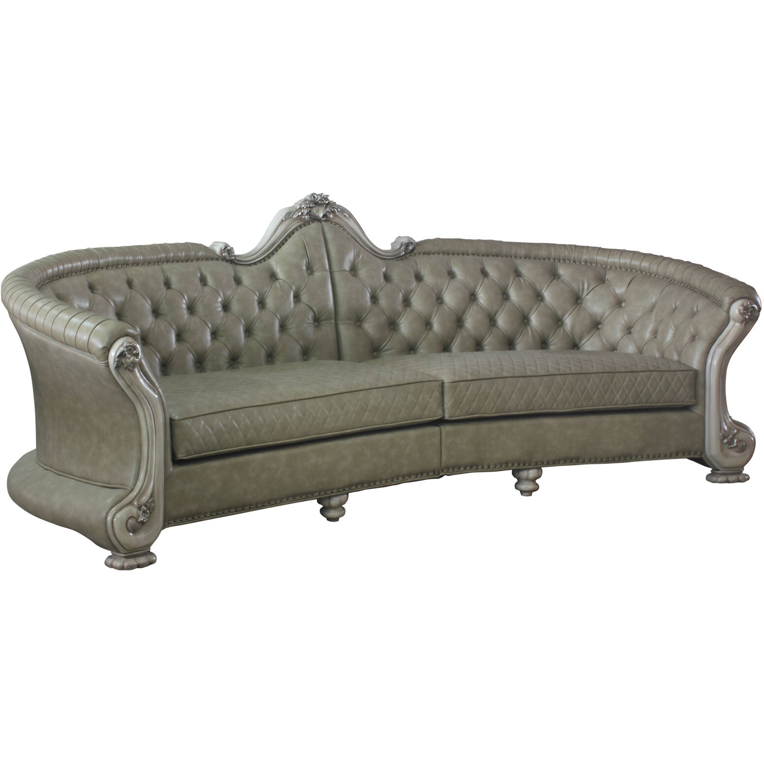113 Vintage Bone Faux Leather And White Sofa With Seven Toss Pillows
