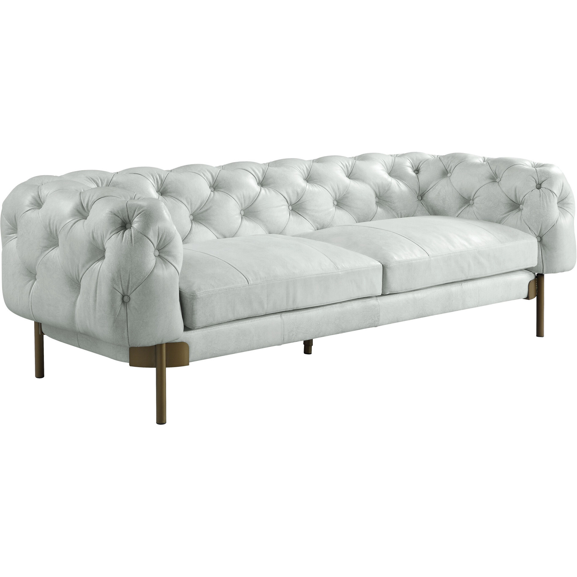 96 Vintage White Top Grain Leather And Gold Sofa