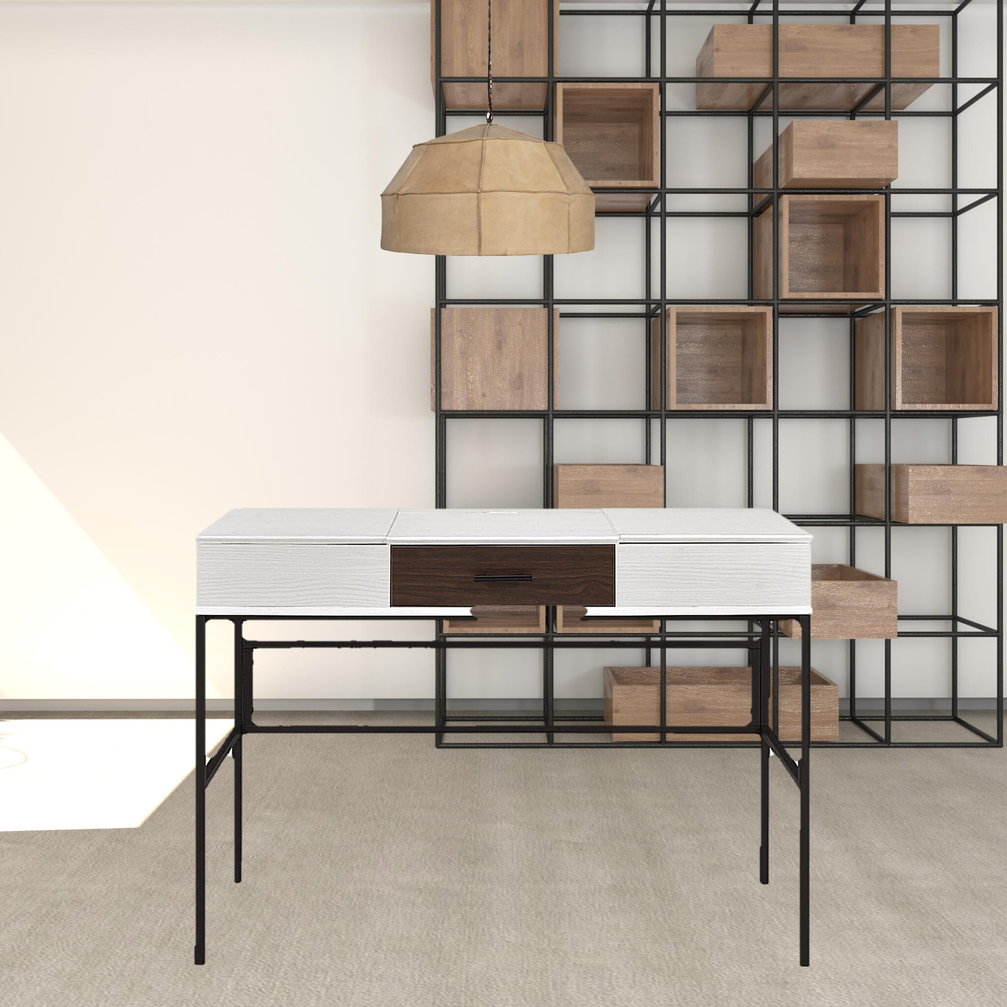 42 White Natural Wood And Black Rectangular Writing Desk With Usb