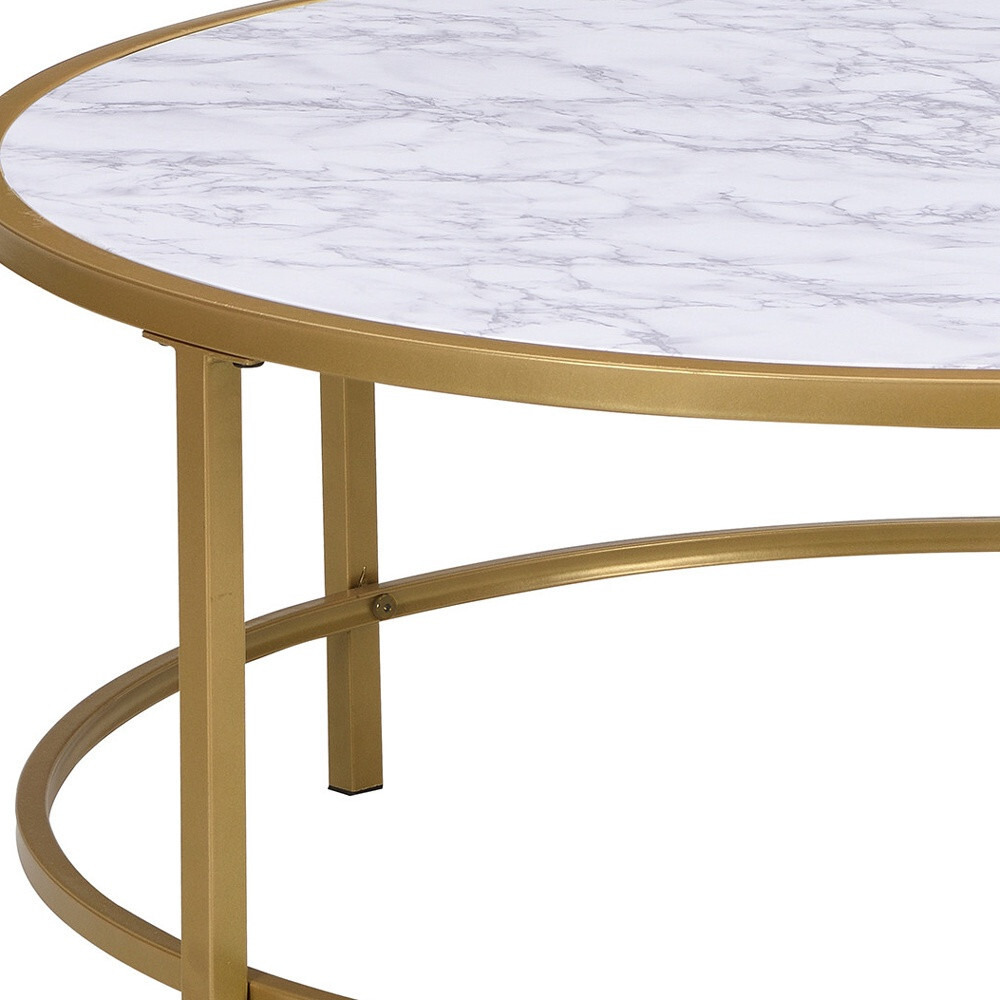 36 White And Gold Faux Marble Round Coffee Table