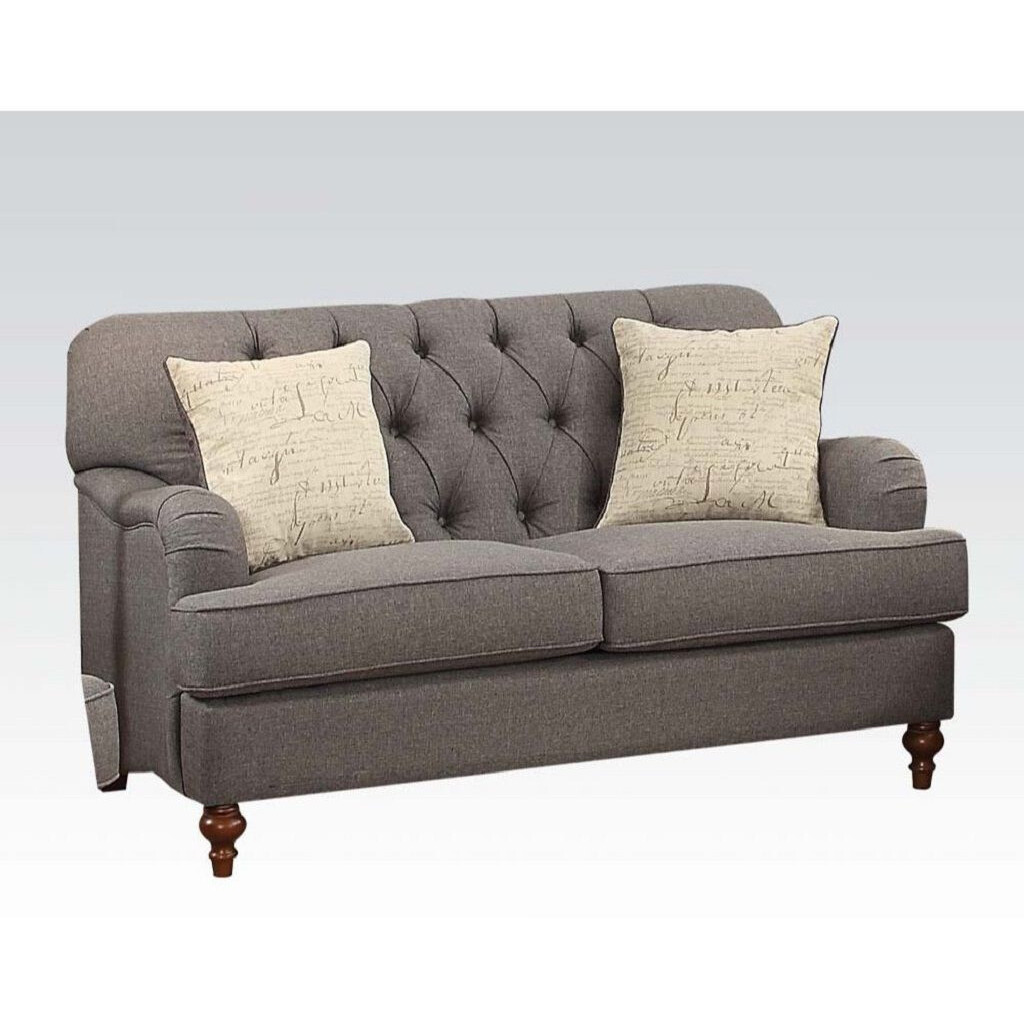 61 Dark Gray And Brown Linen Curved Love Seat And Toss Pillows