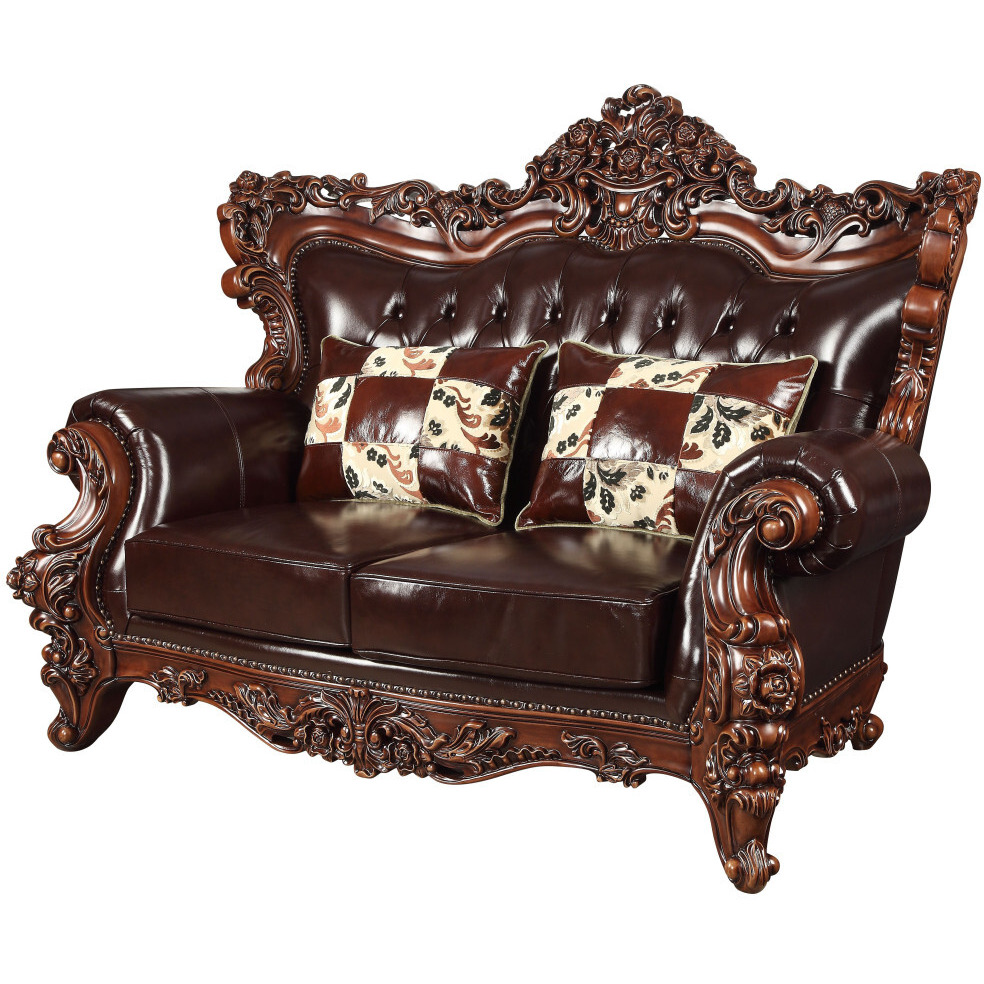 71 Espresso And Brown Faux Leather Curved Love Seat