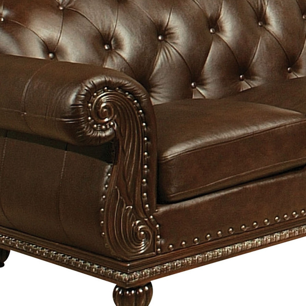 70 Espresso Faux Leather And Black Nailhead Love Seat