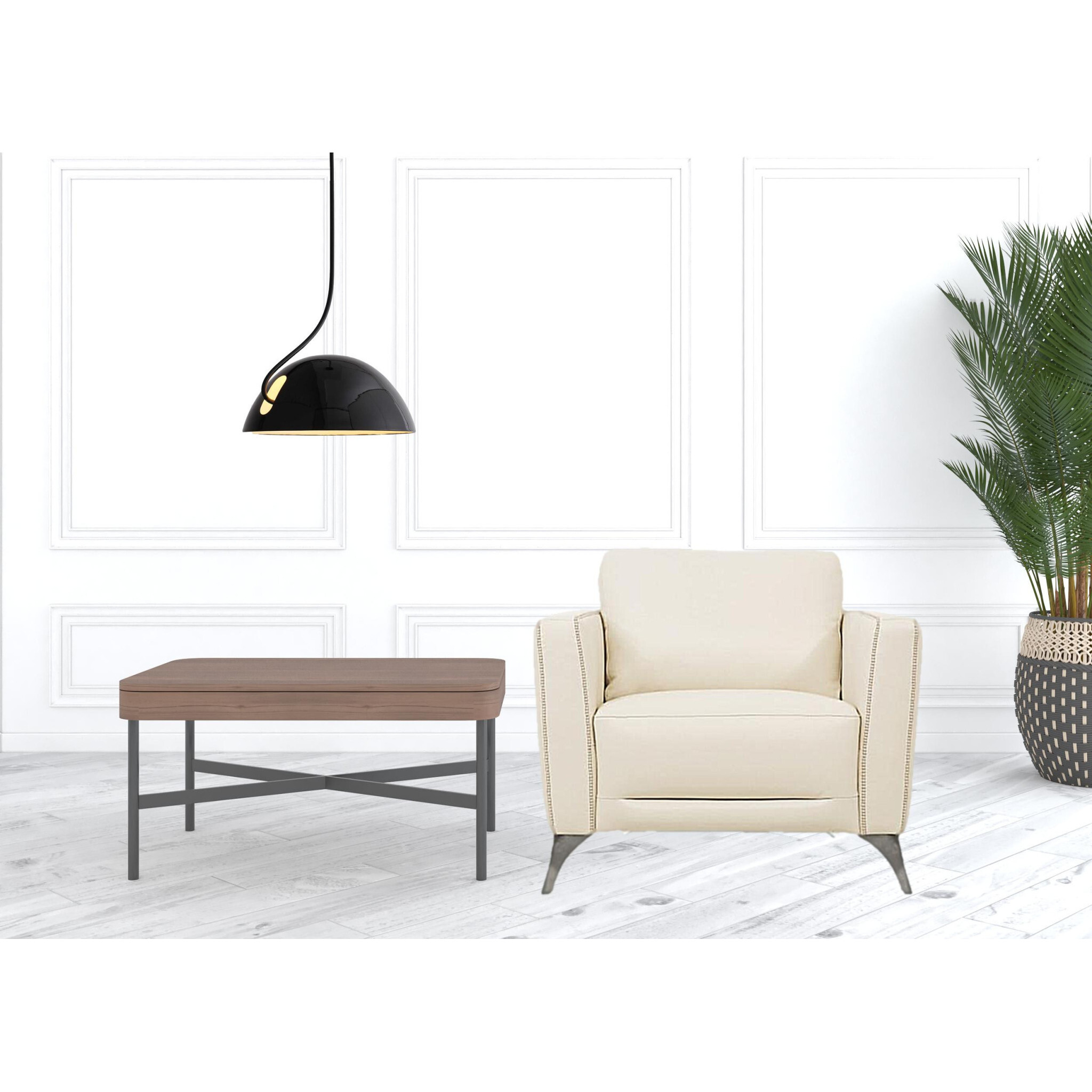 35 Cream Genuine Leather And Black Arm Chair