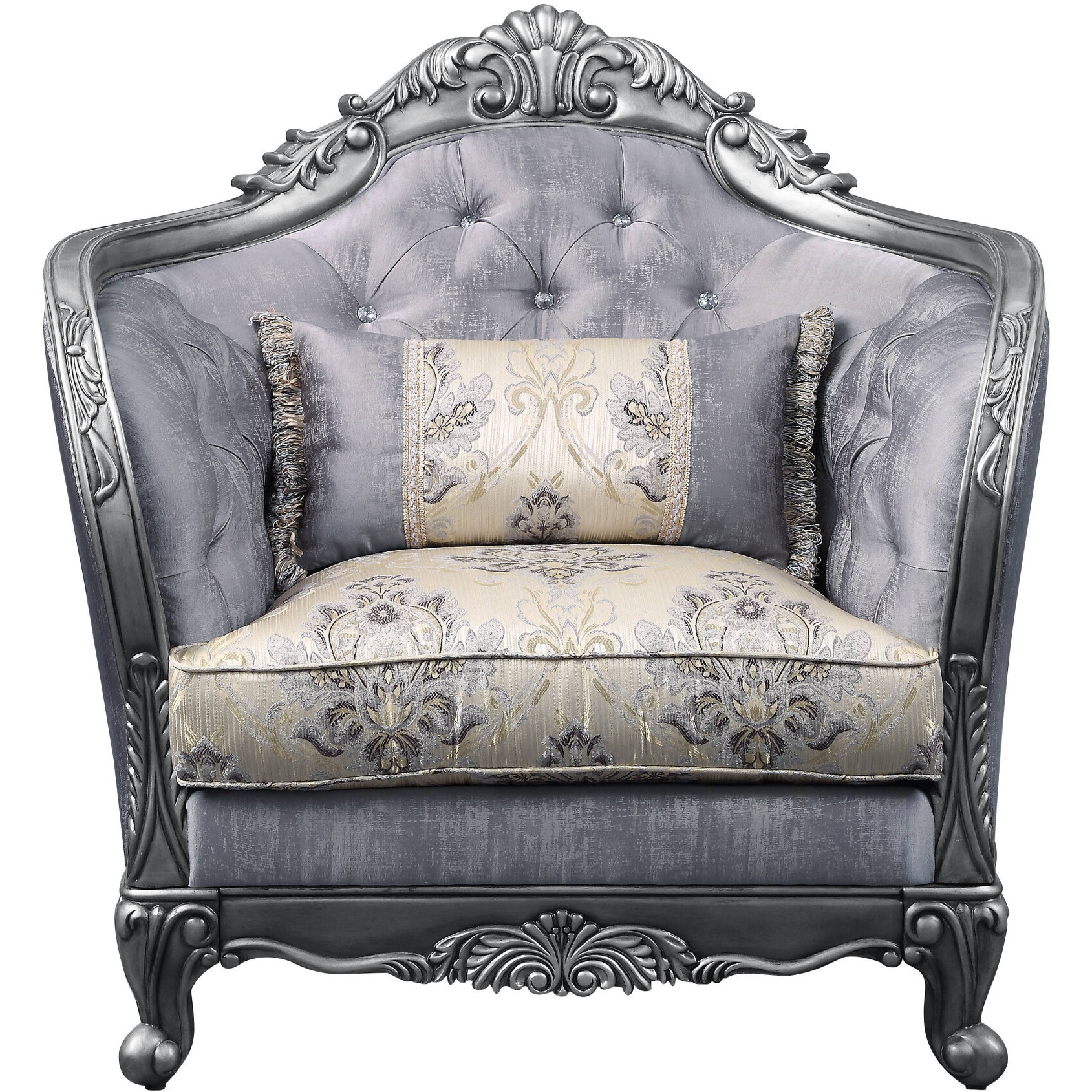 43 Light Gray Fabric And Platinum Floral Tufted Arm Chair