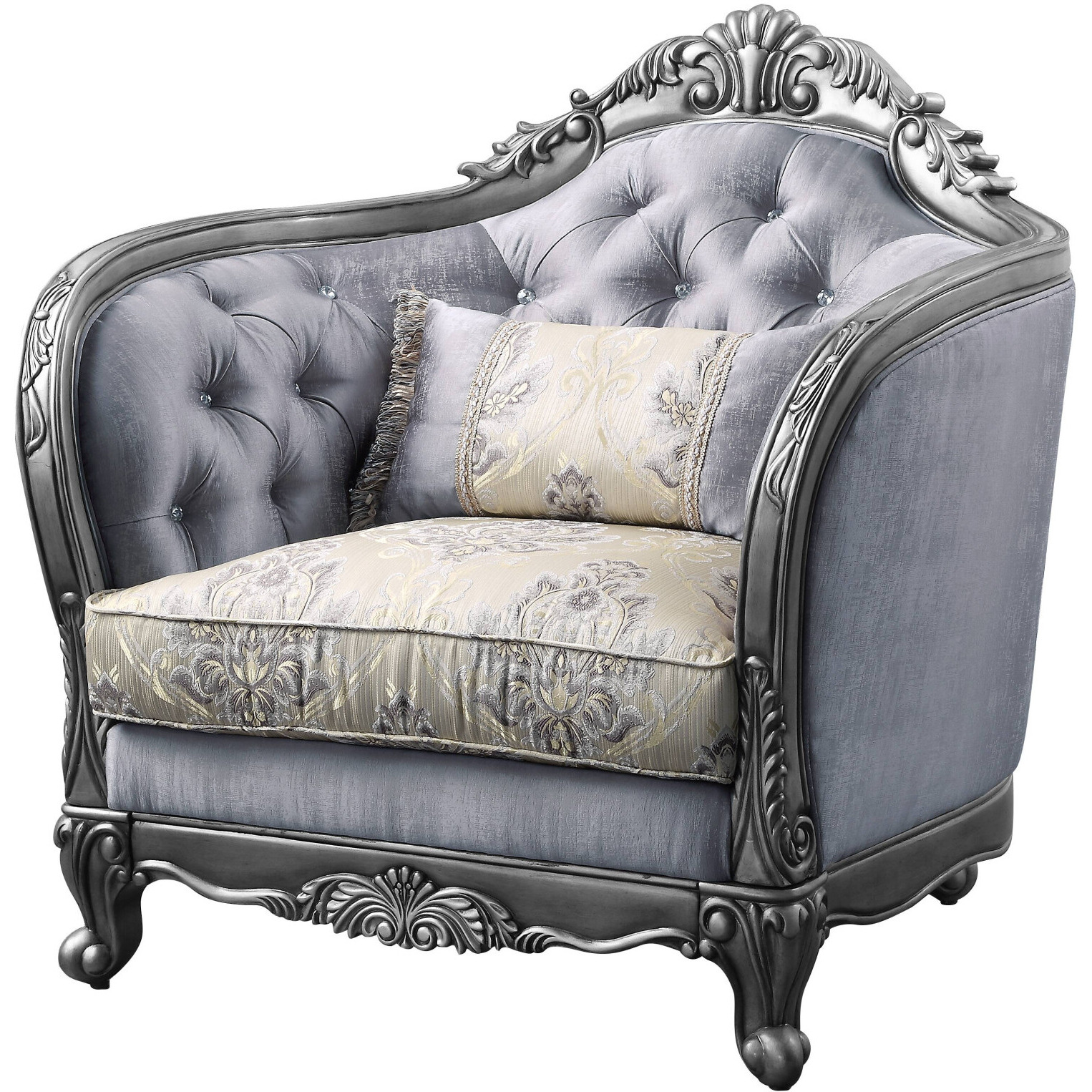 43 Light Gray Fabric And Platinum Floral Tufted Arm Chair