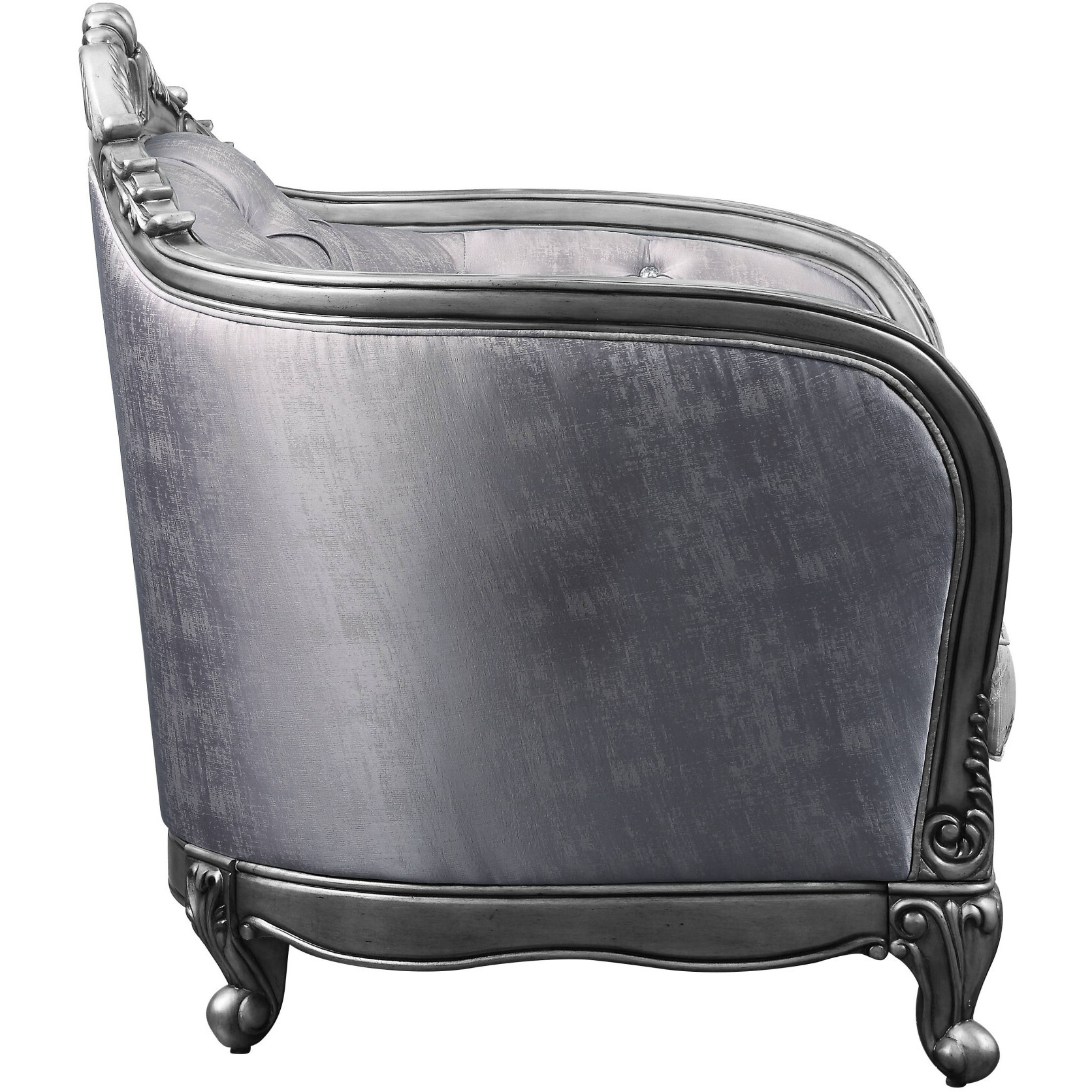 43 Light Gray Fabric And Platinum Floral Tufted Arm Chair