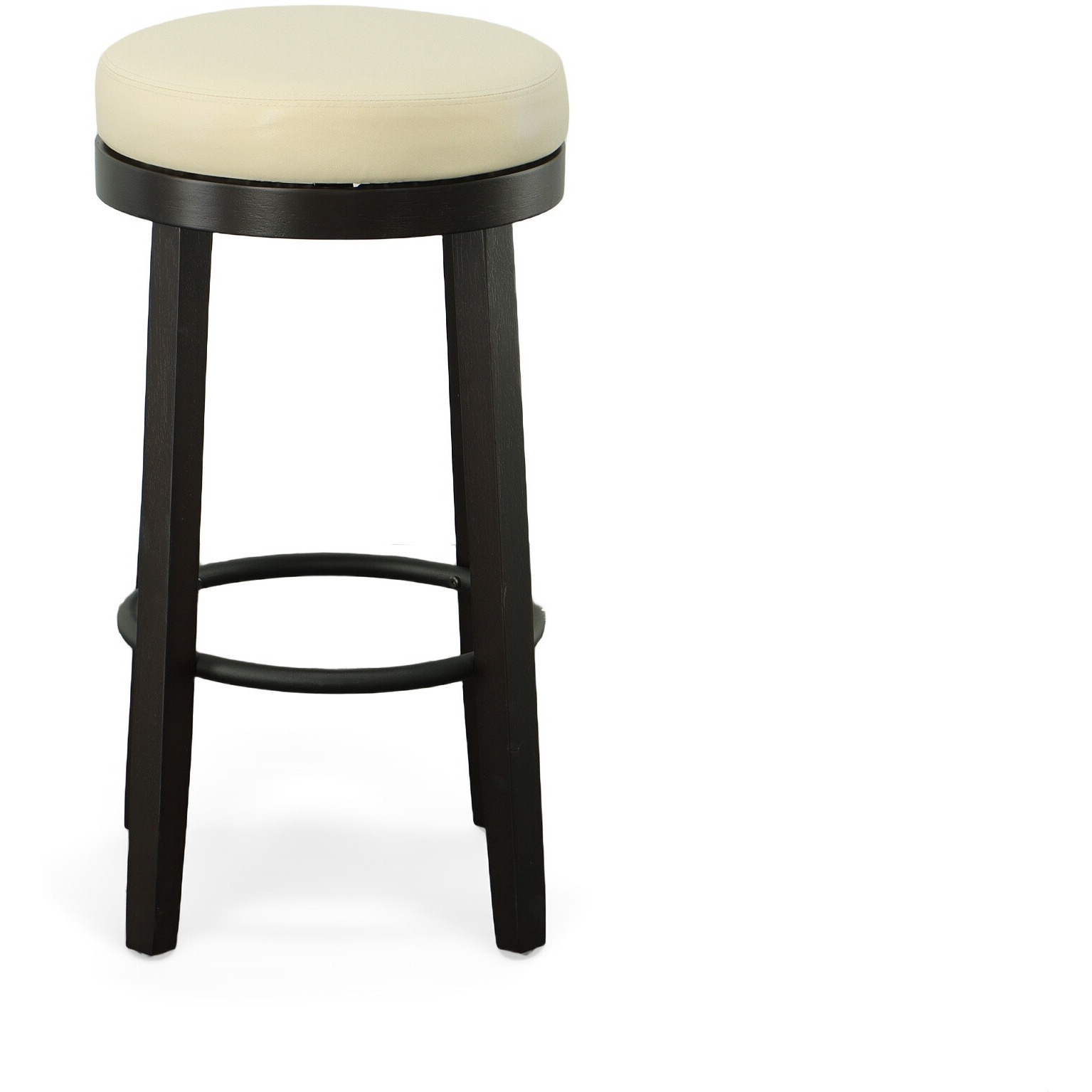 Set Of Two 30 Cream And Espresso Faux Leather And Solid Wood Swivel Backless Bar Height Bar Chairs With Footrest