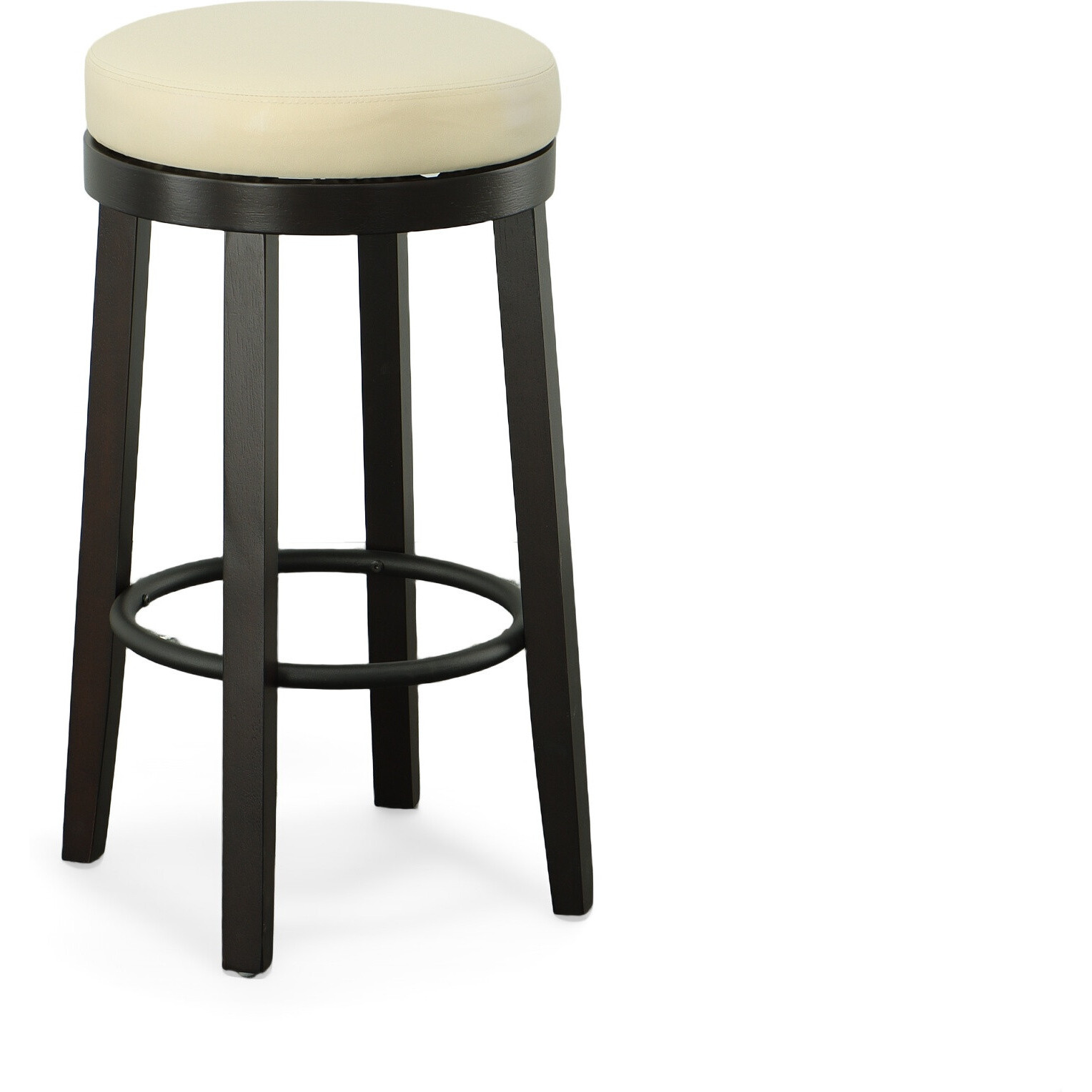 Set Of Two 30 Cream And Espresso Faux Leather And Solid Wood Swivel Backless Bar Height Bar Chairs With Footrest
