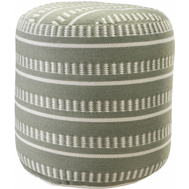 20 Green Polyester Round Striped Indoor Outdoor Pouf Ottoman