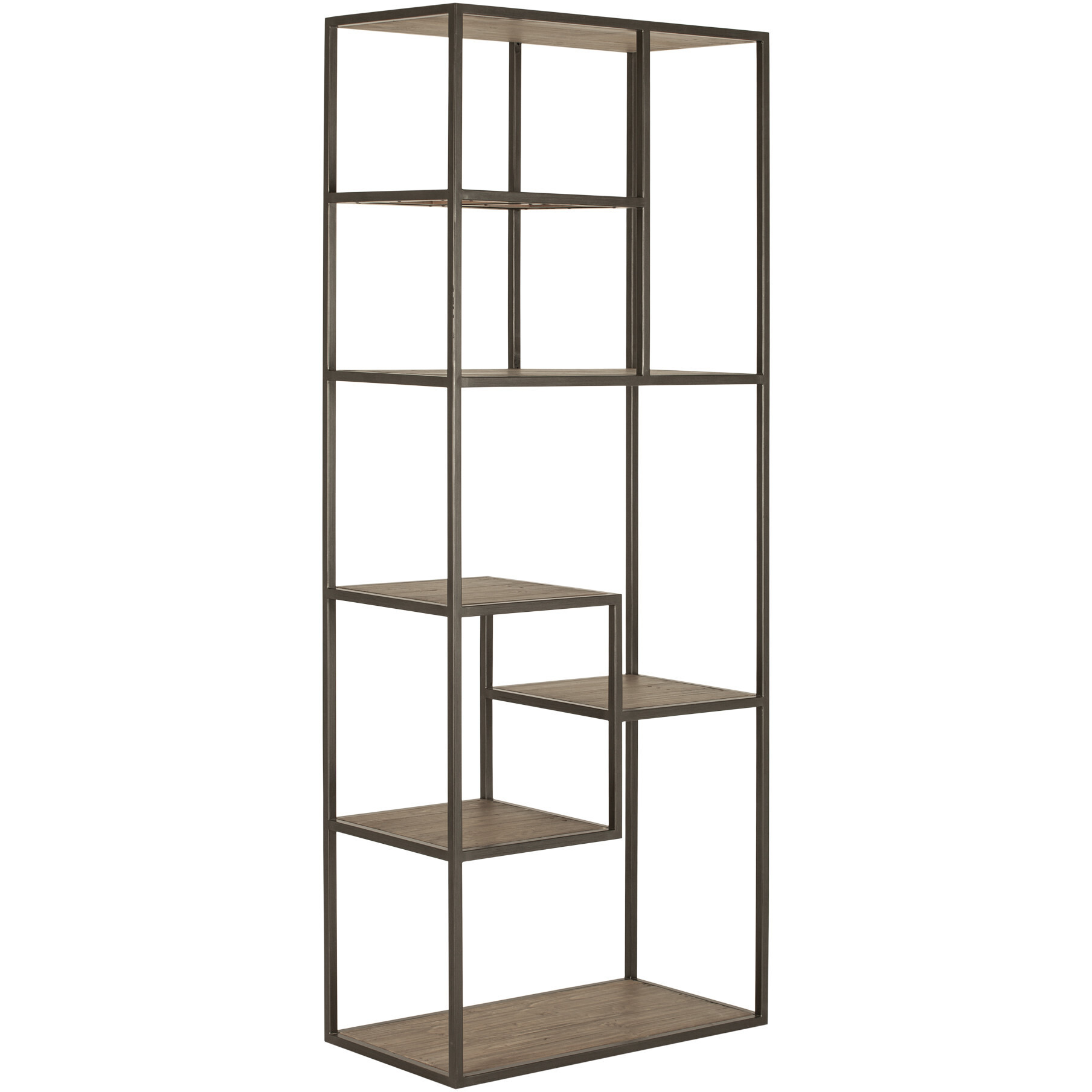 79 Reclaimed Wood And Metal Seven Tier Asymmetrical Bookcase