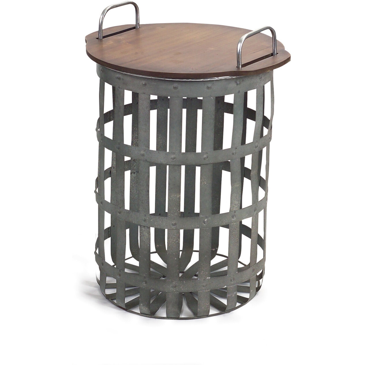 Set Of Two Grey And Brown Wood And Metal Basket Round End Tables