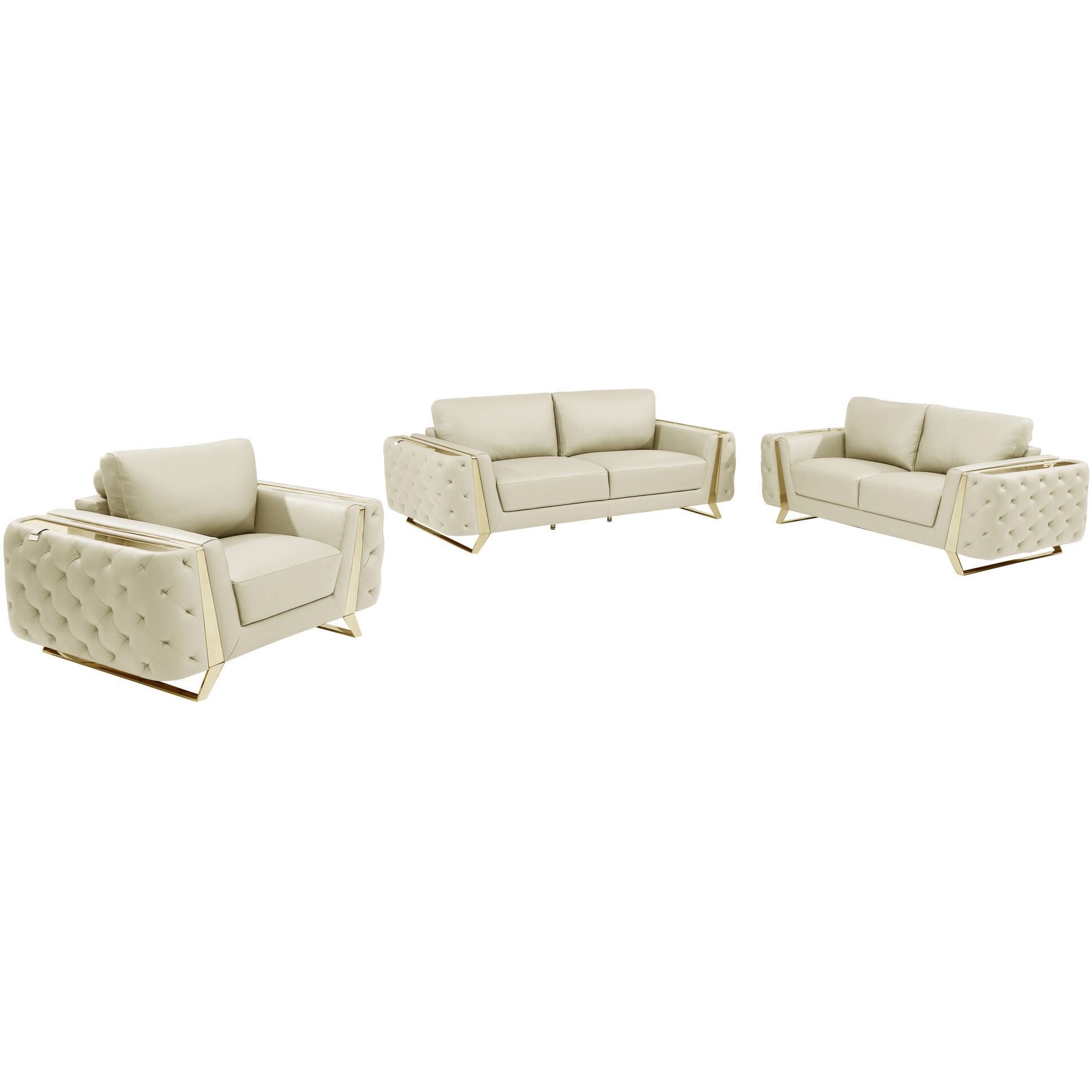 Three Piece Indoor Beige Italian Leather Six Person Seating Set