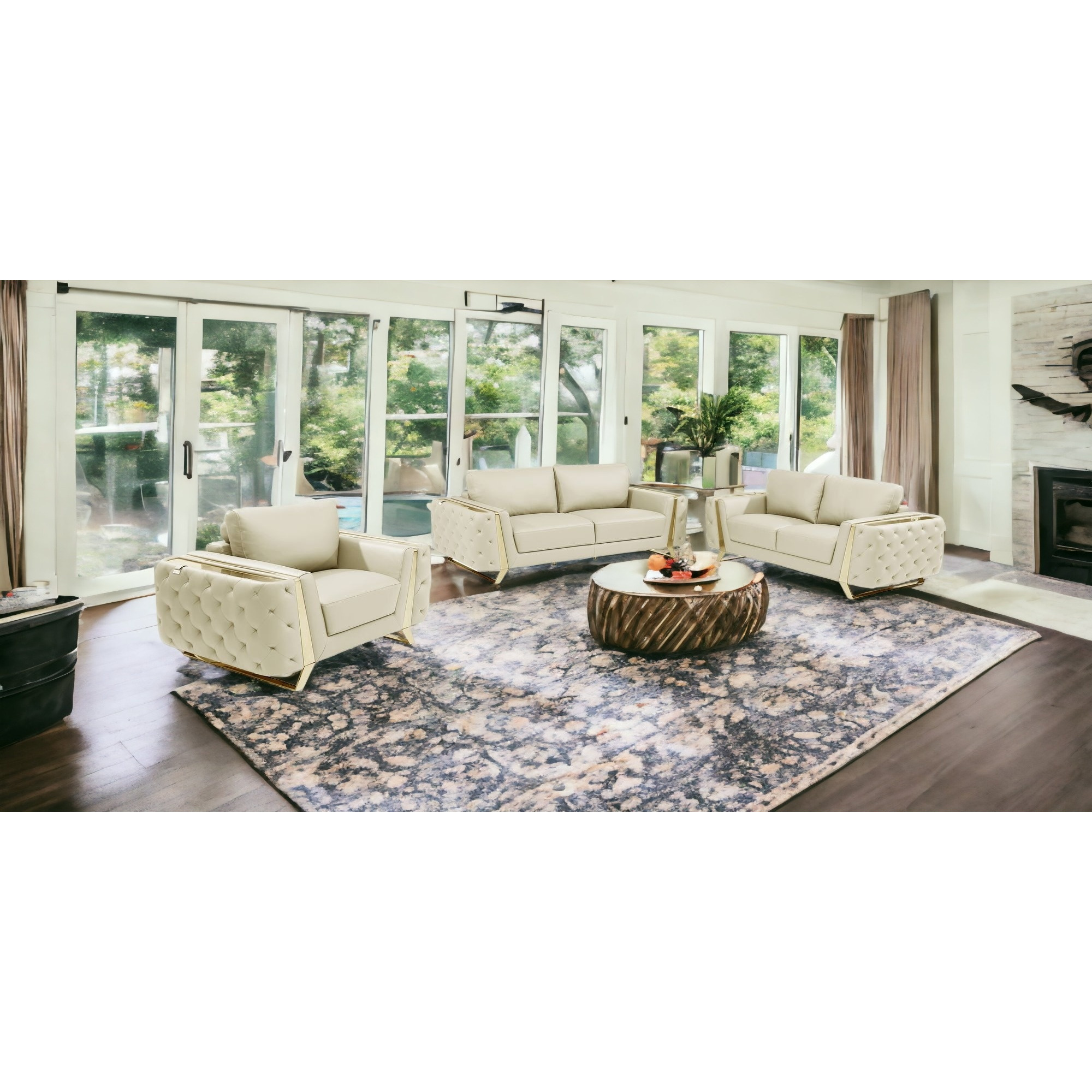 Three Piece Indoor Beige Italian Leather Six Person Seating Set