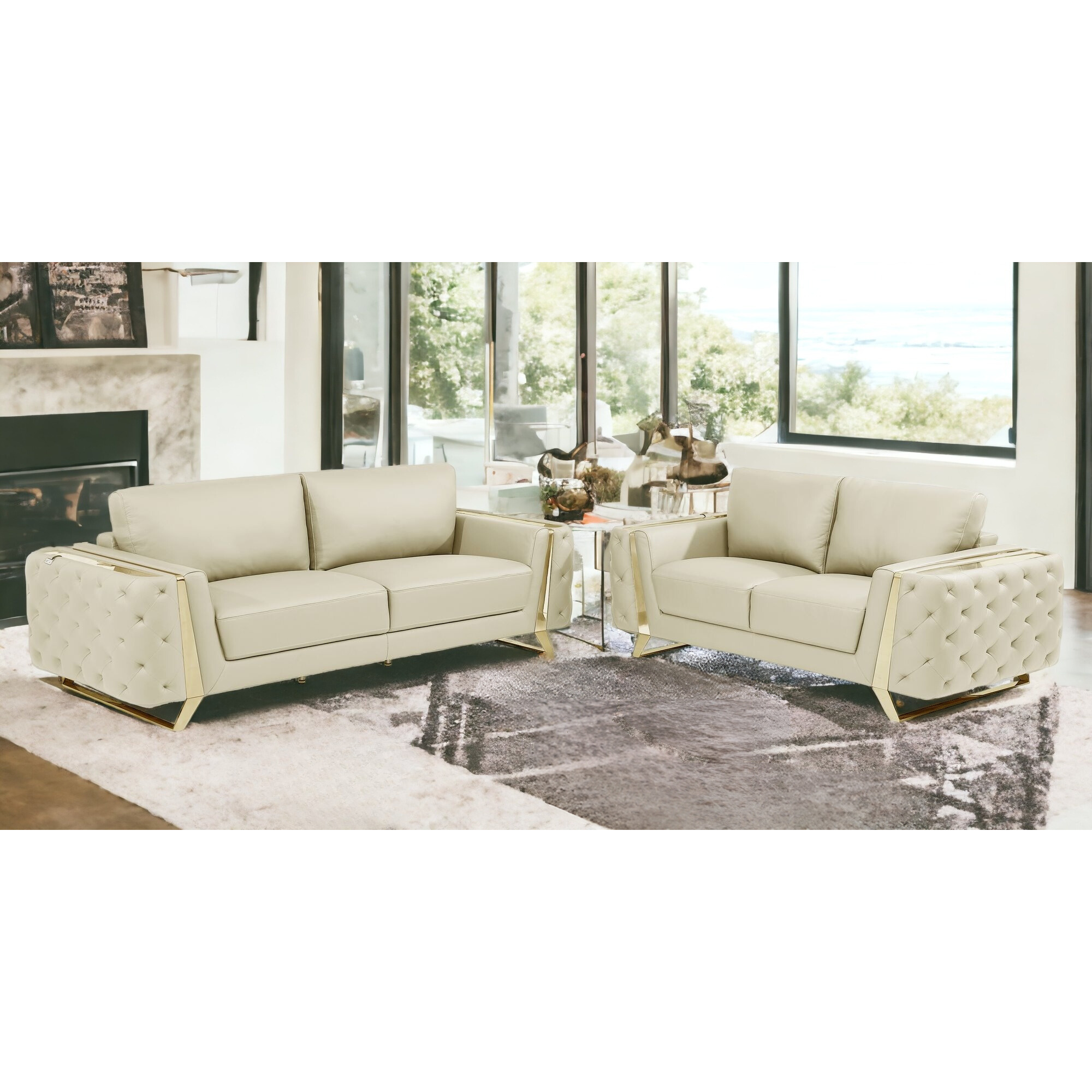 Two Piece Indoor Beige Italian Leather Five Person Seating Set