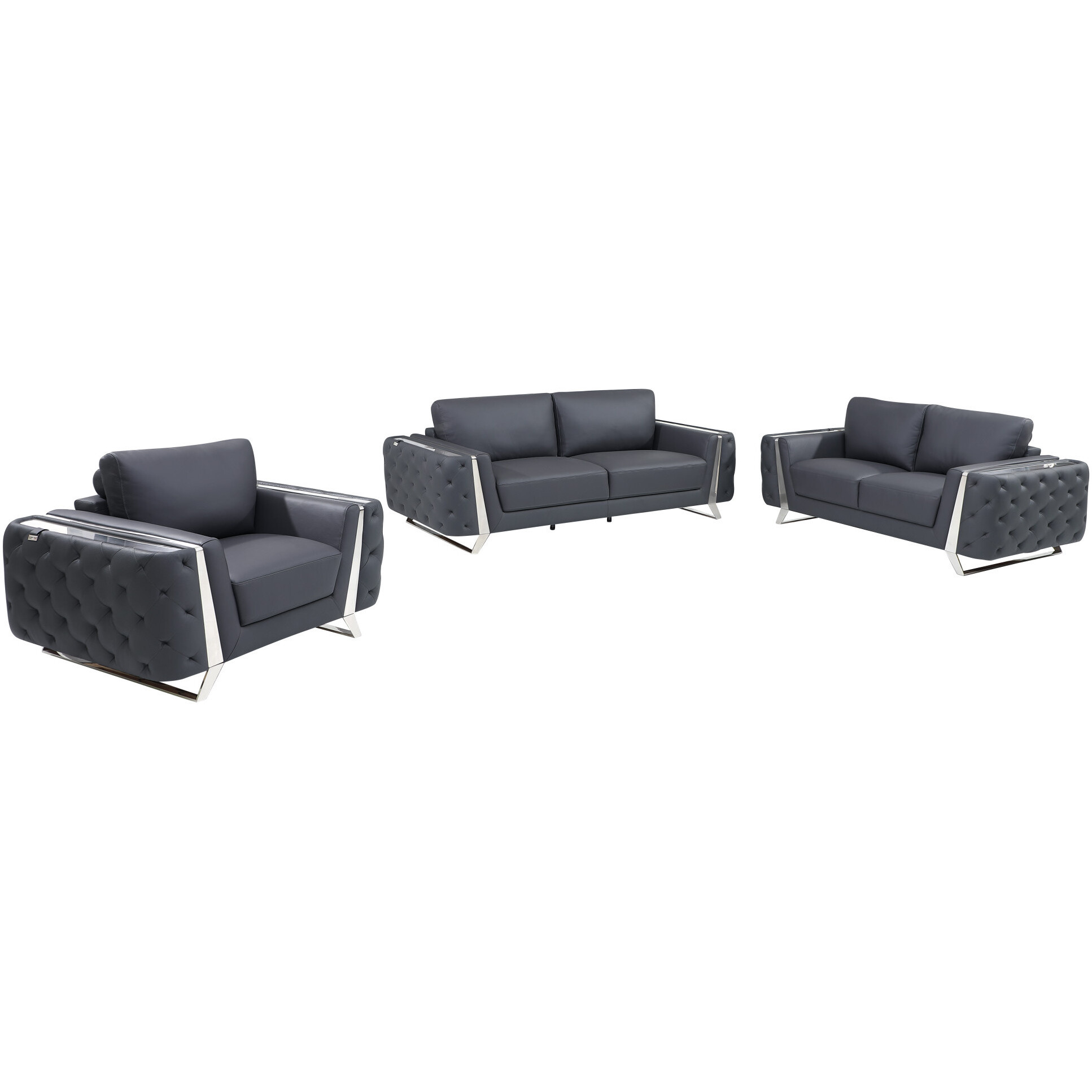 Three Piece Indoor Dark Gray Italian Leather Six Person Seating Set