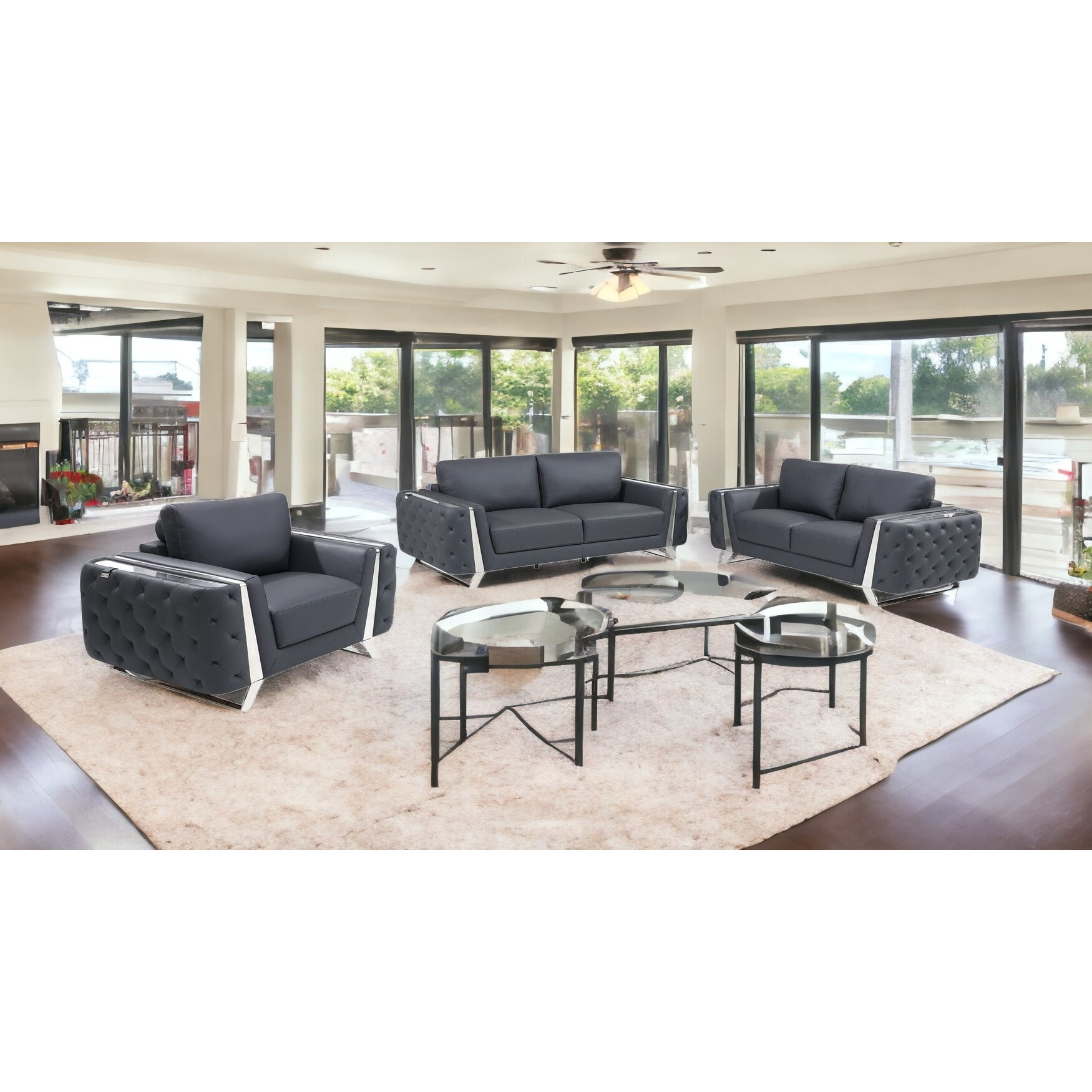 Three Piece Indoor Dark Gray Italian Leather Six Person Seating Set