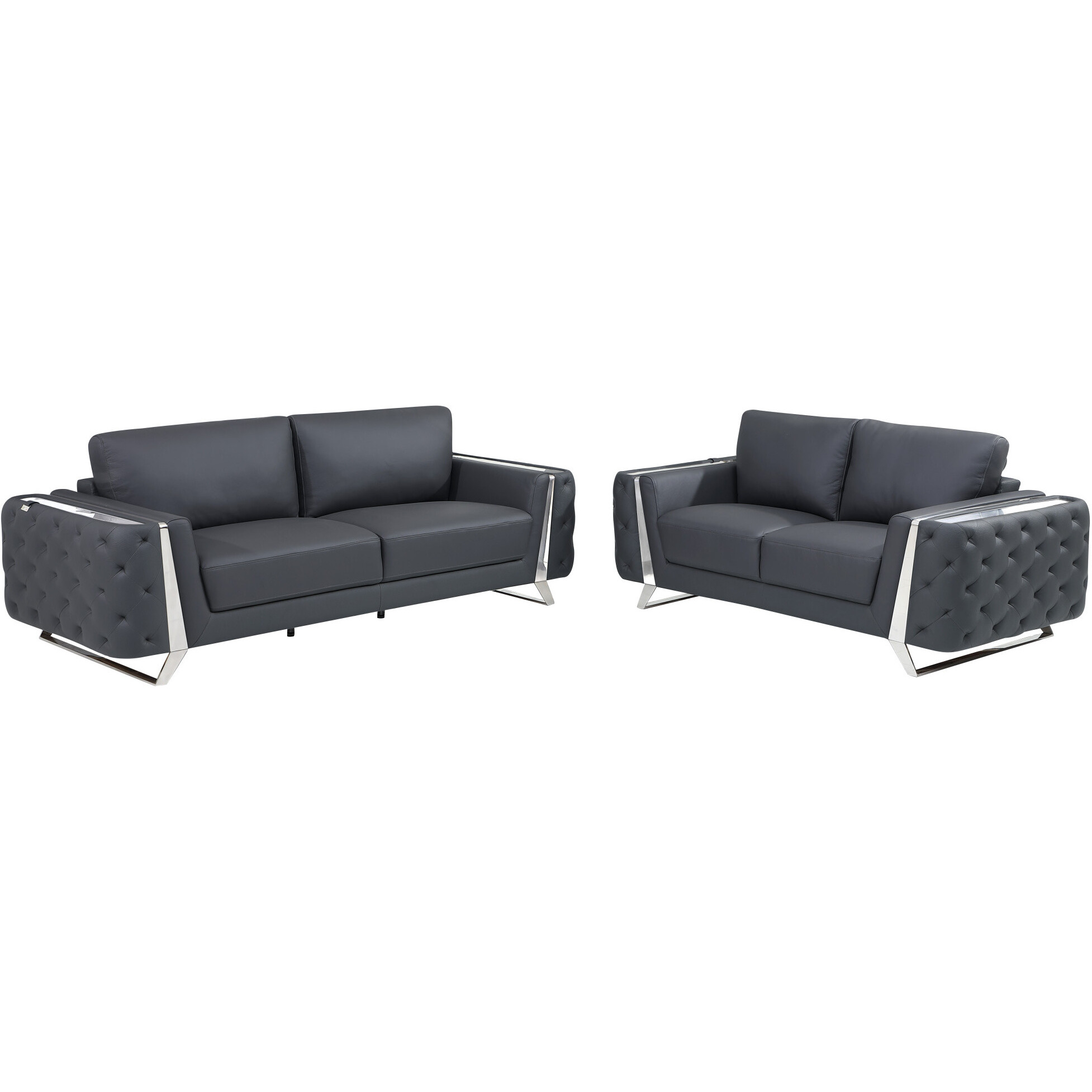 Two Piece Indoor Dark Gray Italian Leather Five Person Seating Set