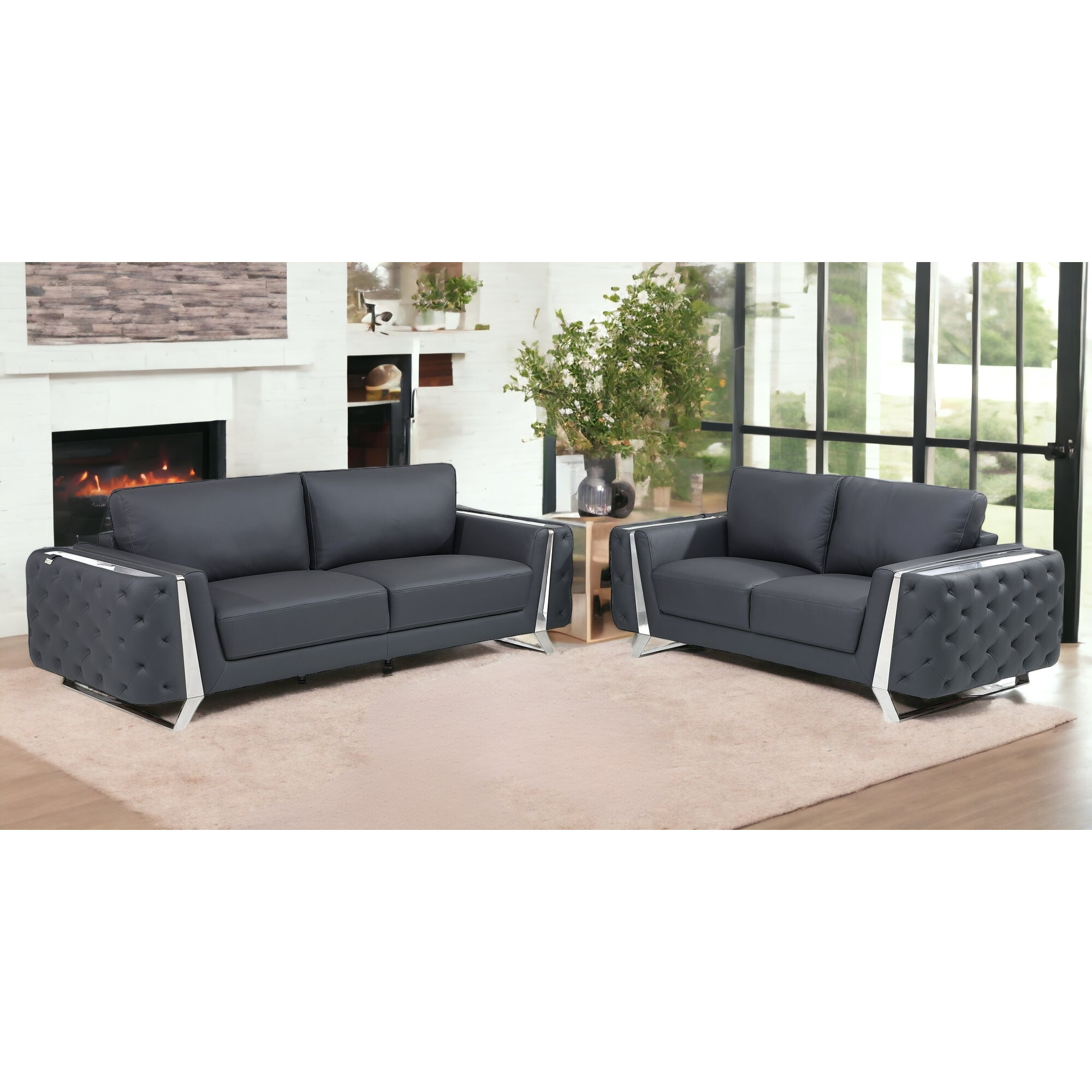 Two Piece Indoor Dark Gray Italian Leather Five Person Seating Set