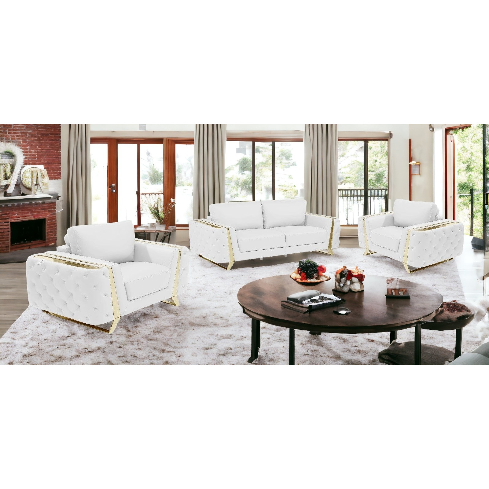Three Piece Indoor White Italian Leather Six Person Seating Set