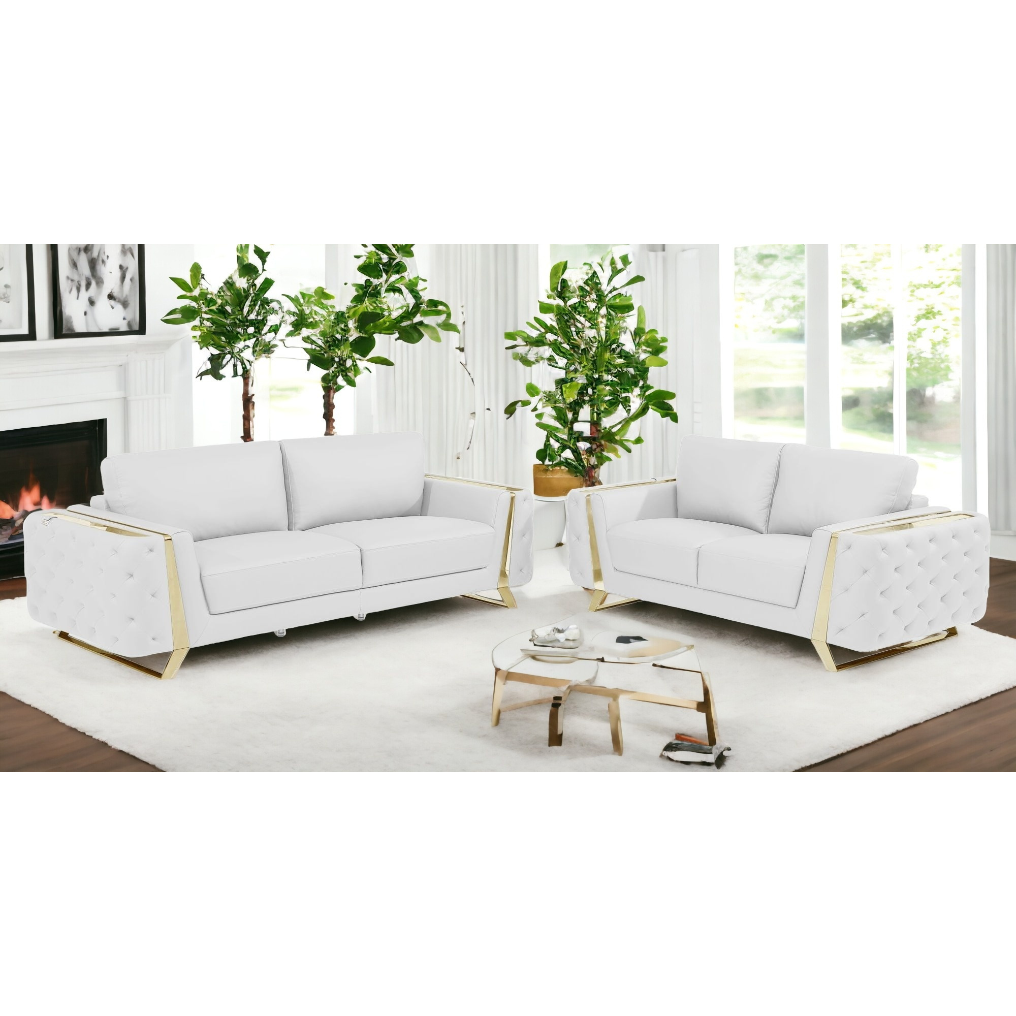 Two Piece Indoor White Italian Leather Five Person Seating Set