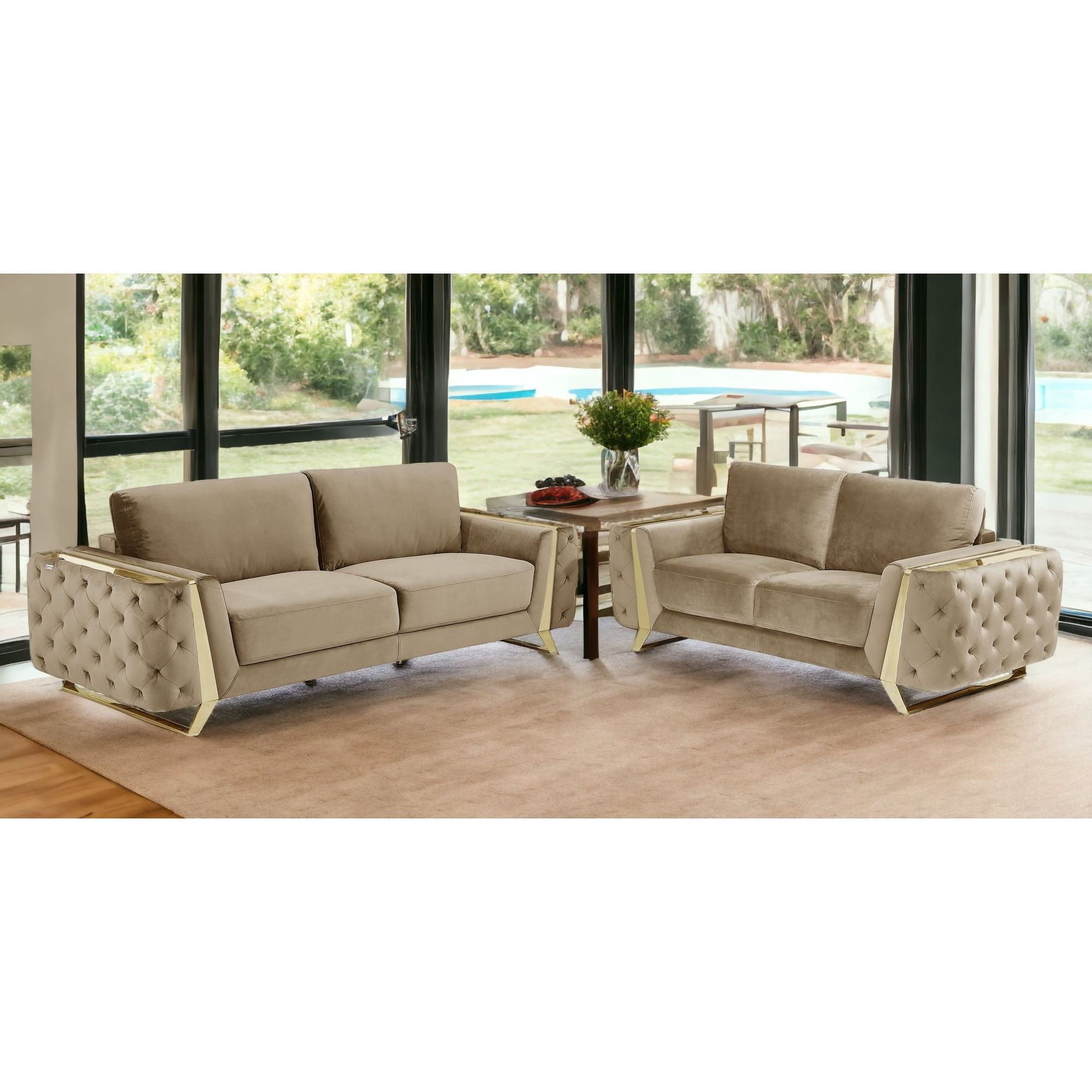 Two Piece Indoor Beige Velvet Five Person Seating Set