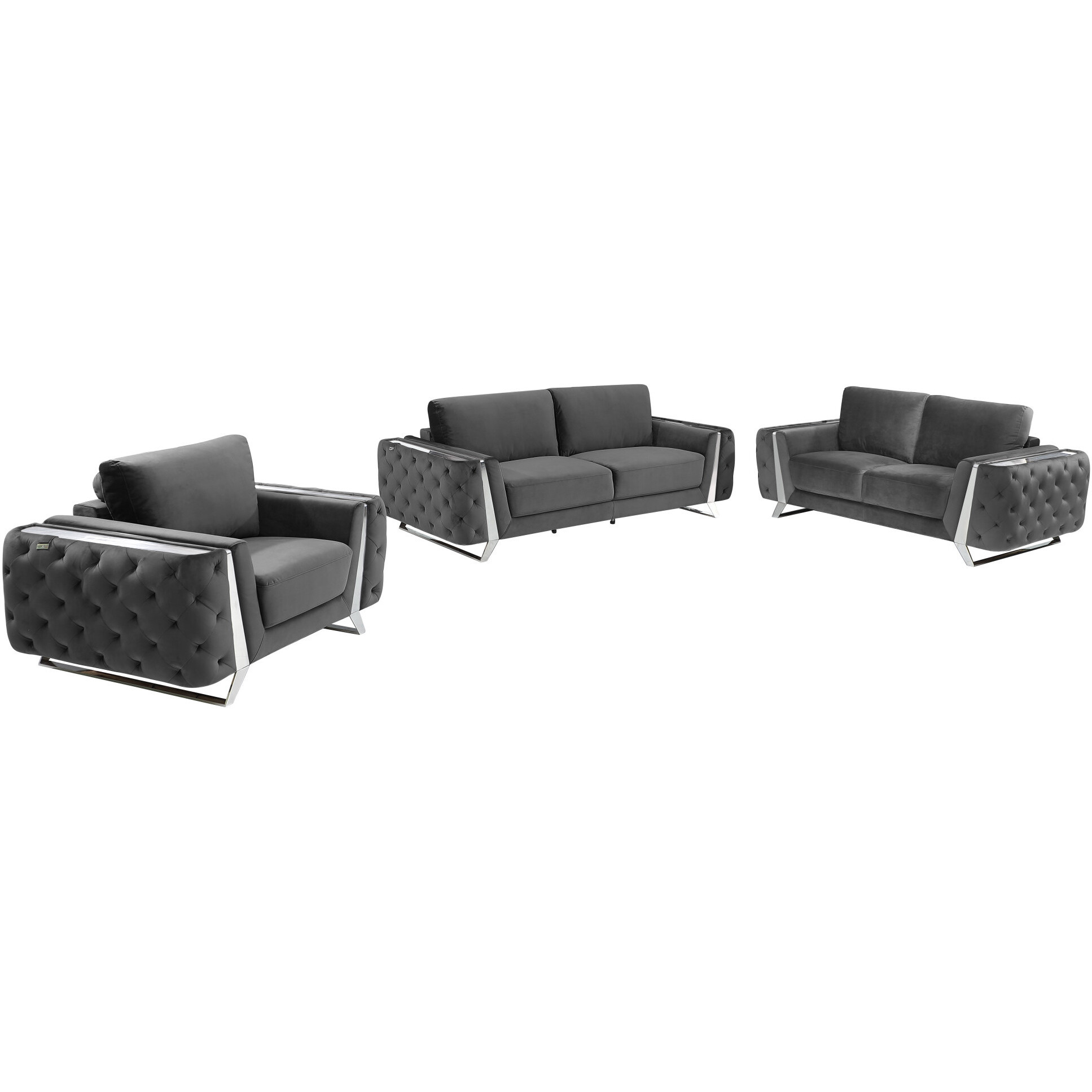Three Piece Indoor Dark Gray Velvet Six Person Seating Set