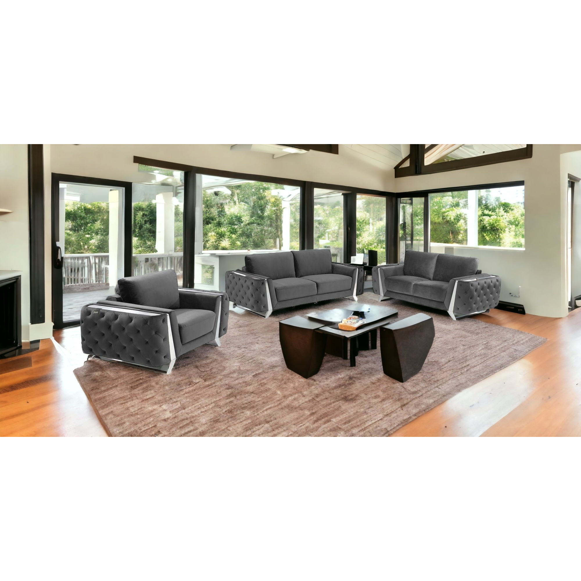 Three Piece Indoor Dark Gray Velvet Six Person Seating Set