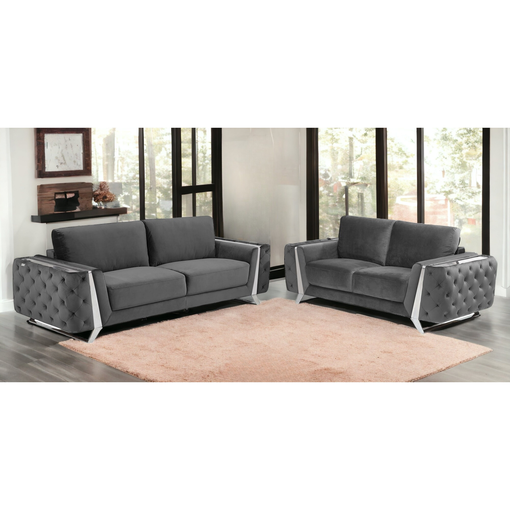 Two Piece Indoor Dark Gray Italian Leather Five Person Seating Set