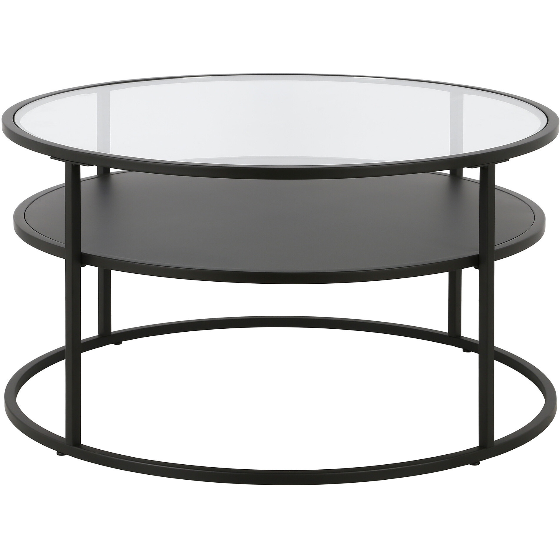 32 Black And Glass Round Two Layer Coffee Table With Shelf