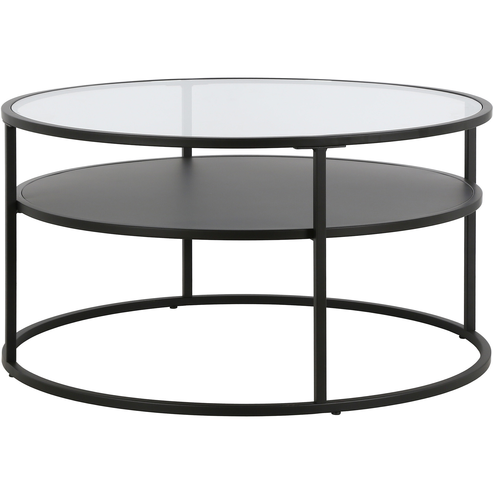 32 Black And Glass Round Two Layer Coffee Table With Shelf