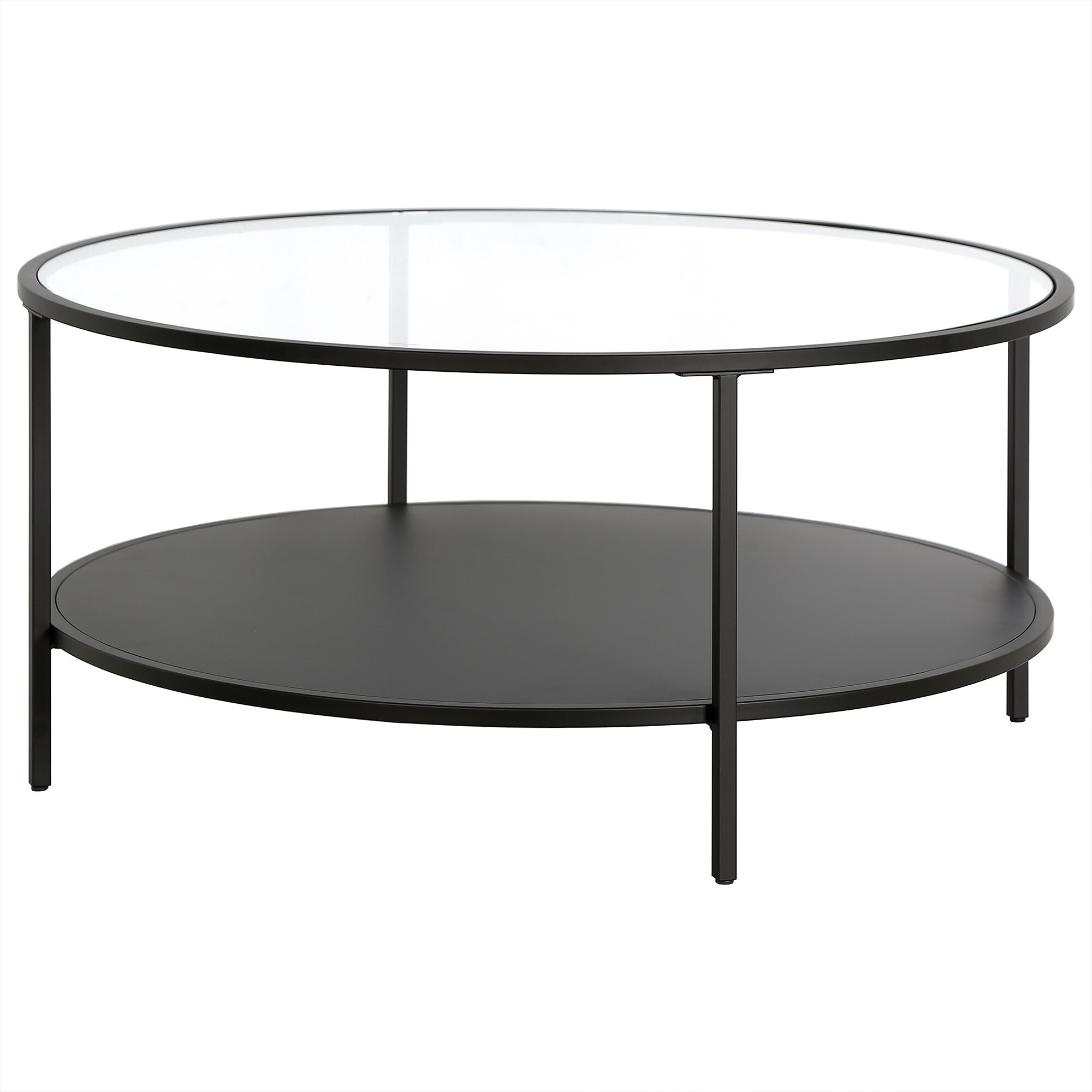 36 Black Glass Round Coffee Table With Shelf