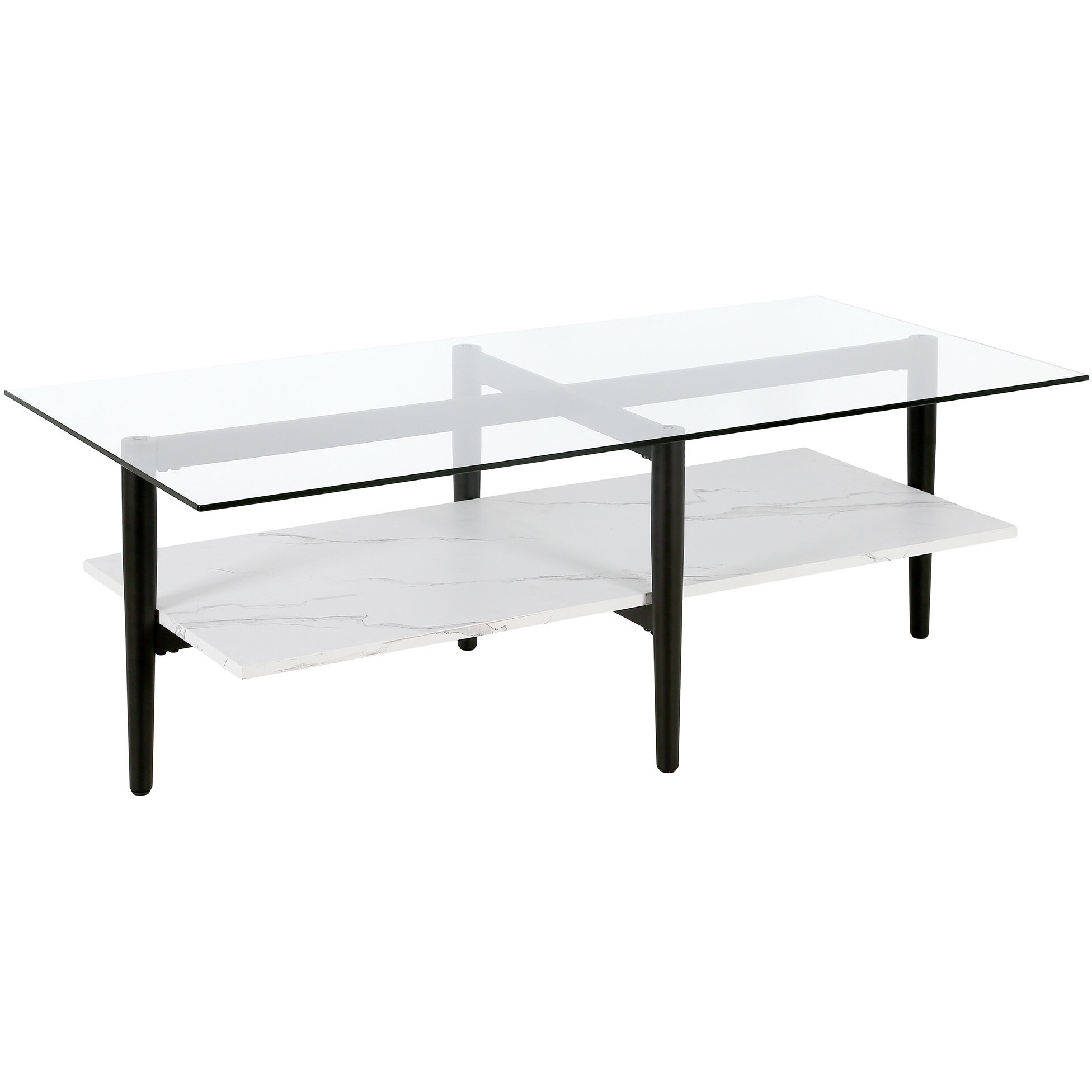 47 Black Glass Rectangular Coffee Table With Shelf